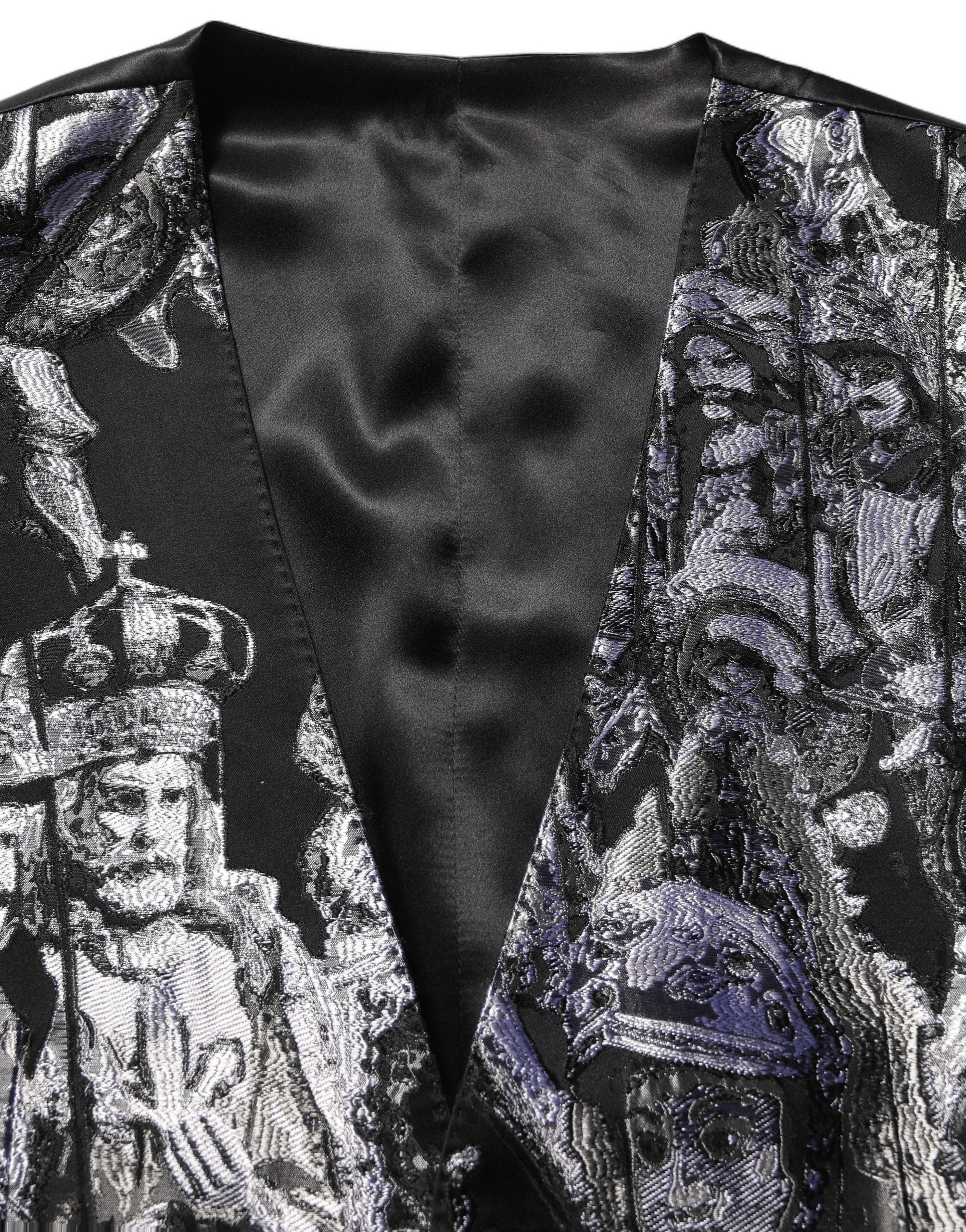 Costume trois pièces noir en jacquard Dolce & Gabbana, costume formel slim fit avec veste, pantalon et gilet.