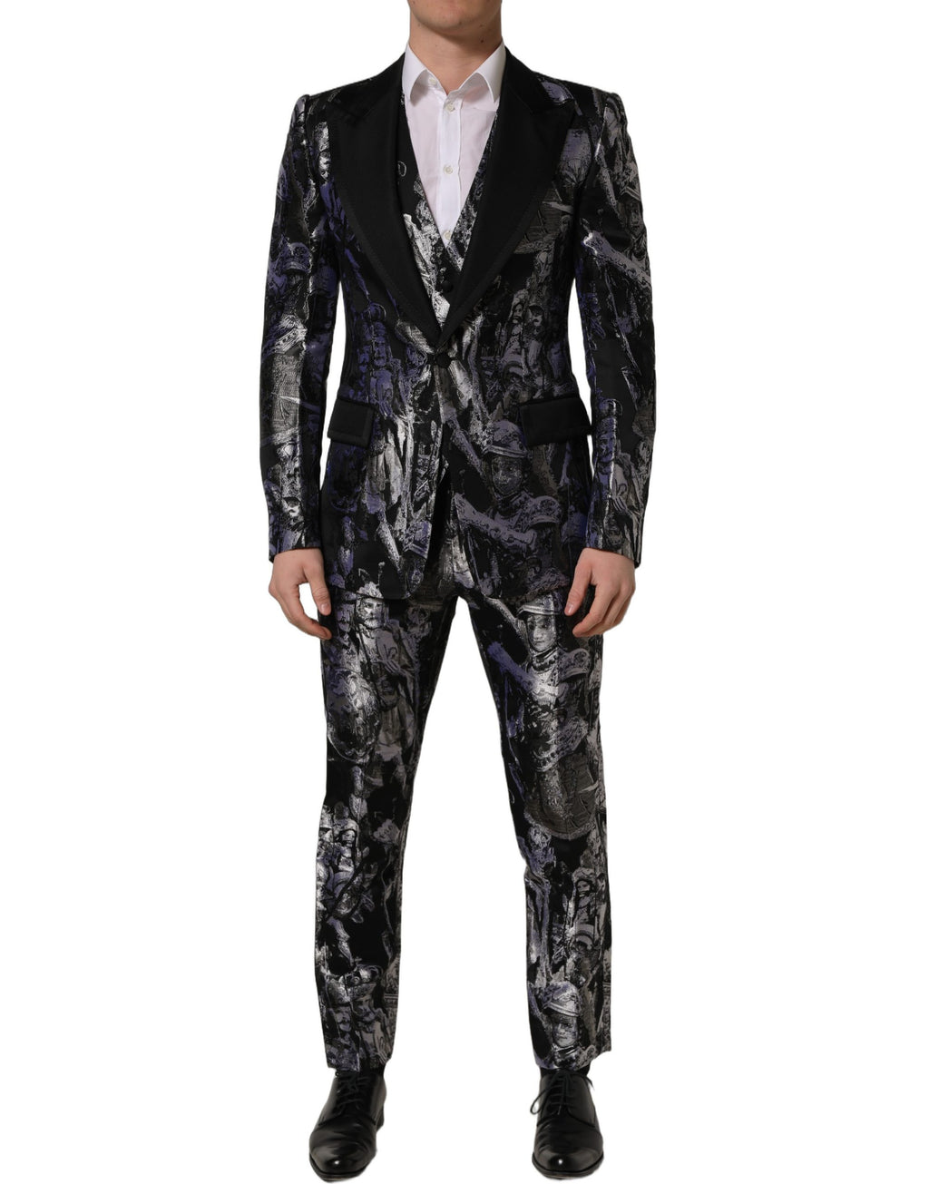 Costume trois pièces Dolce & Gabbana en jacquard noir, coupe slim fit, costume formel élégant avec veste, pantalon et gilet.