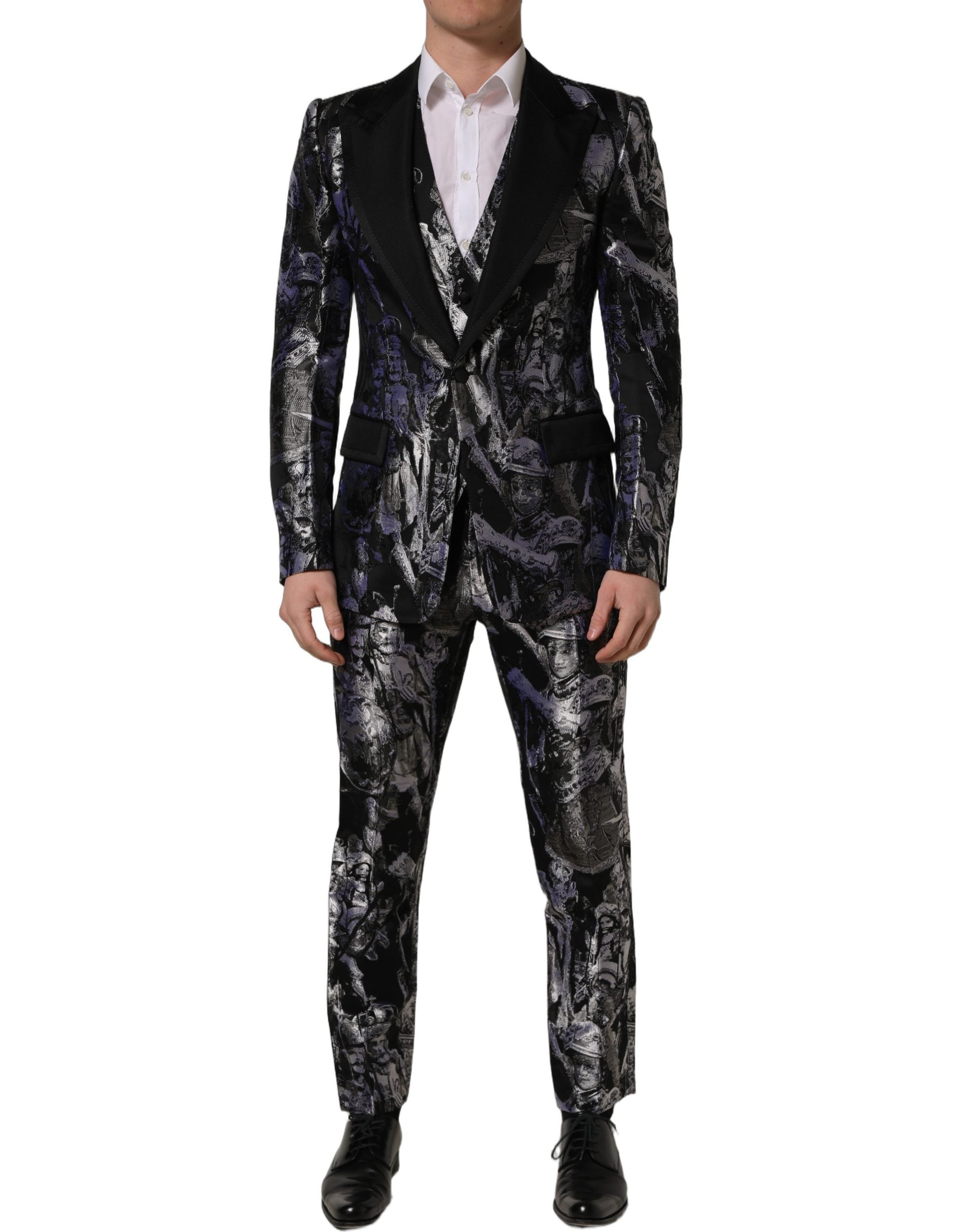 Costume trois pièces Dolce & Gabbana en jacquard noir, coupe slim fit, costume formel élégant avec veste, pantalon et gilet.