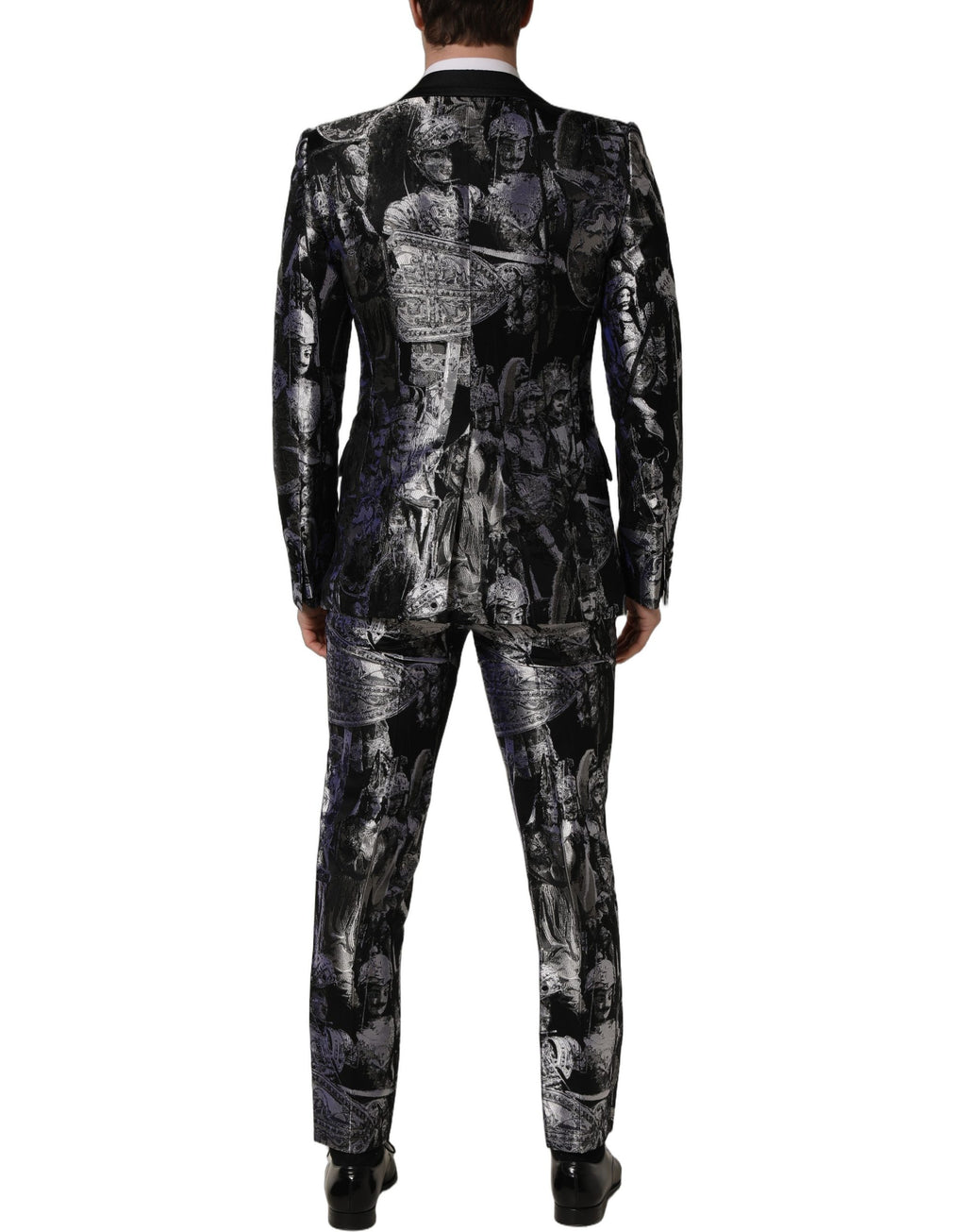 Costume trois pièces noir en jacquard Dolce & Gabbana, costume slim fit formel avec veste, pantalon et gilet élégant.