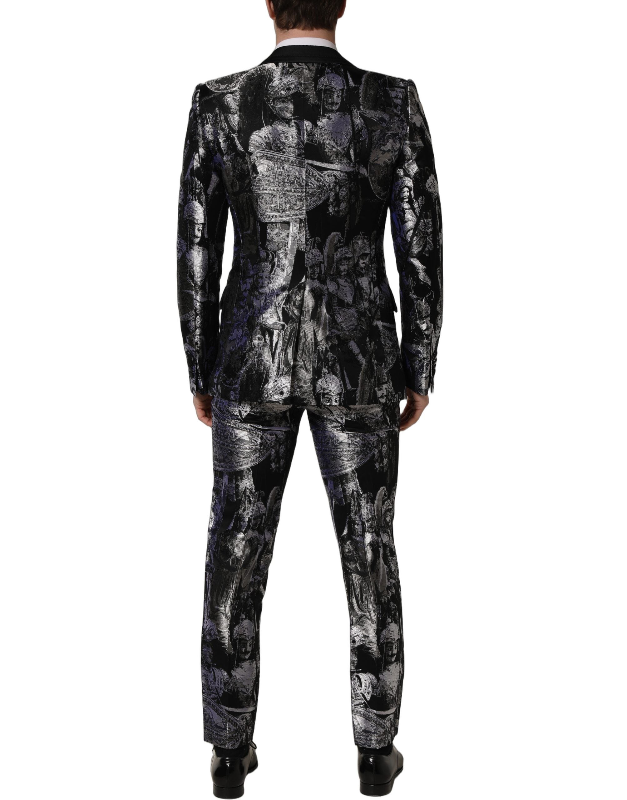 Costume trois pièces noir en jacquard Dolce & Gabbana, costume slim fit formel avec veste, pantalon et gilet élégant.