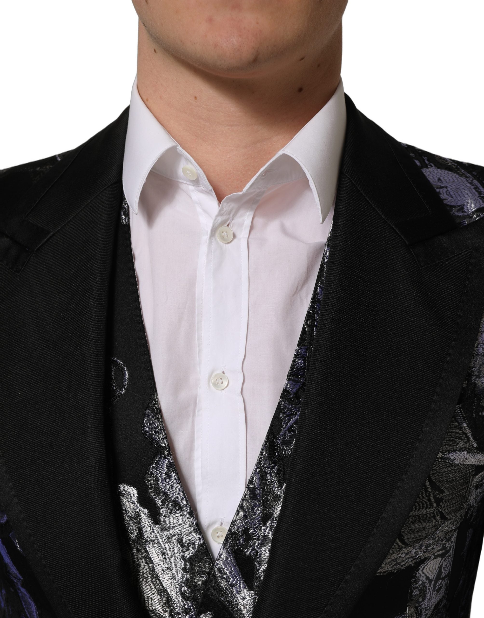Costume formel 3 pièces Dolce & Gabbana en jacquard noir, coupe slim fit, ajusté et élégant pour occasion spéciale.