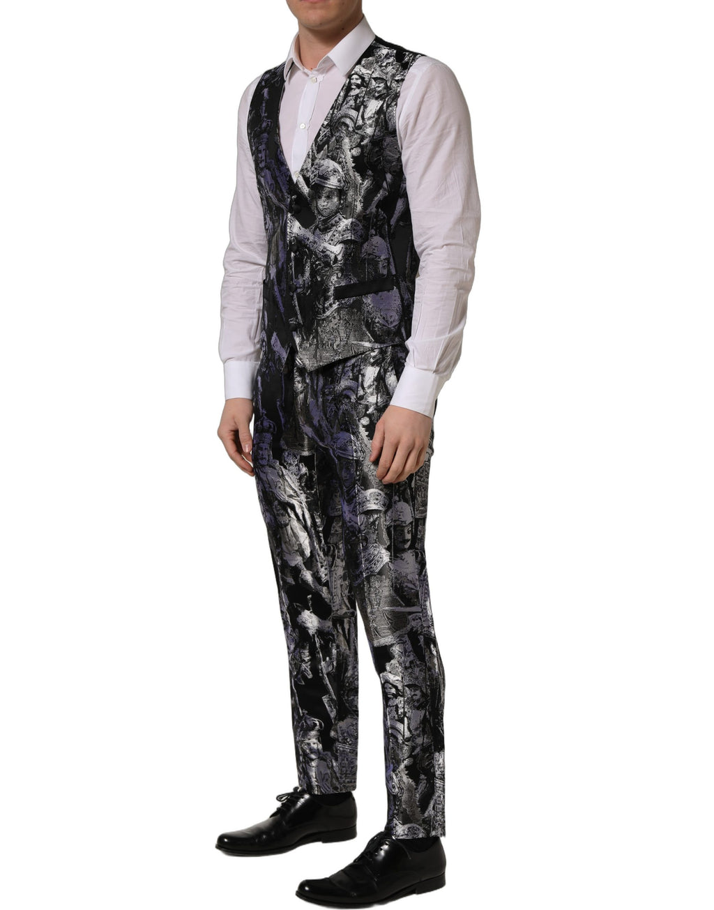 Costume trois pièces Dolce & Gabbana en jacquard noir, coupe slim fit, costume formel élégant et sophistiqué.