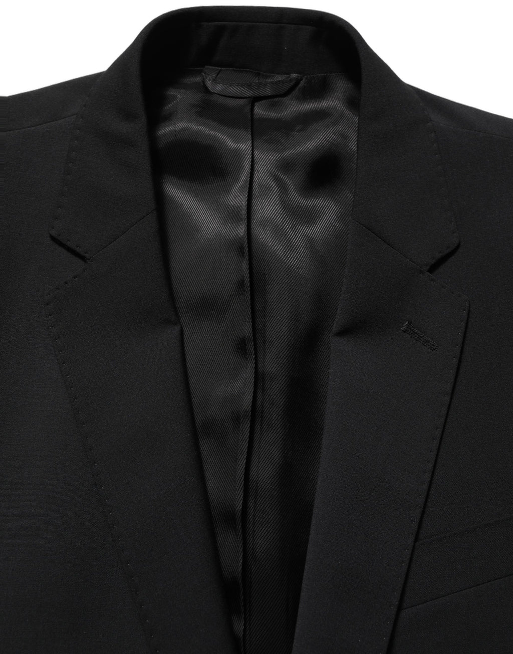 Costume homme Dolce & Gabbana en laine noire, deux pièces, coupe slim, costume formel élégant avec veste et pantalon.