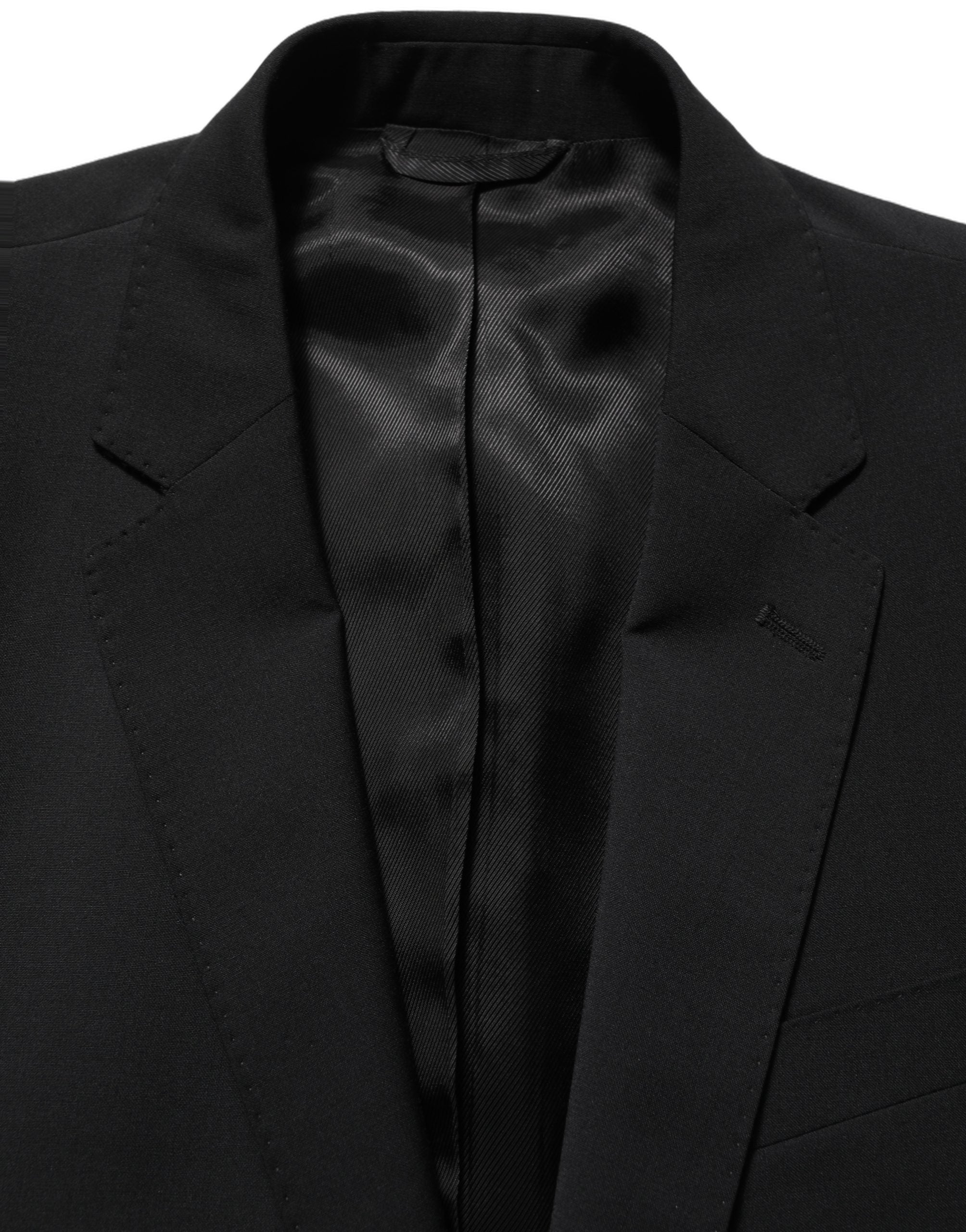 Costume homme Dolce & Gabbana en laine noire, deux pièces, coupe slim, costume formel élégant avec veste et pantalon.