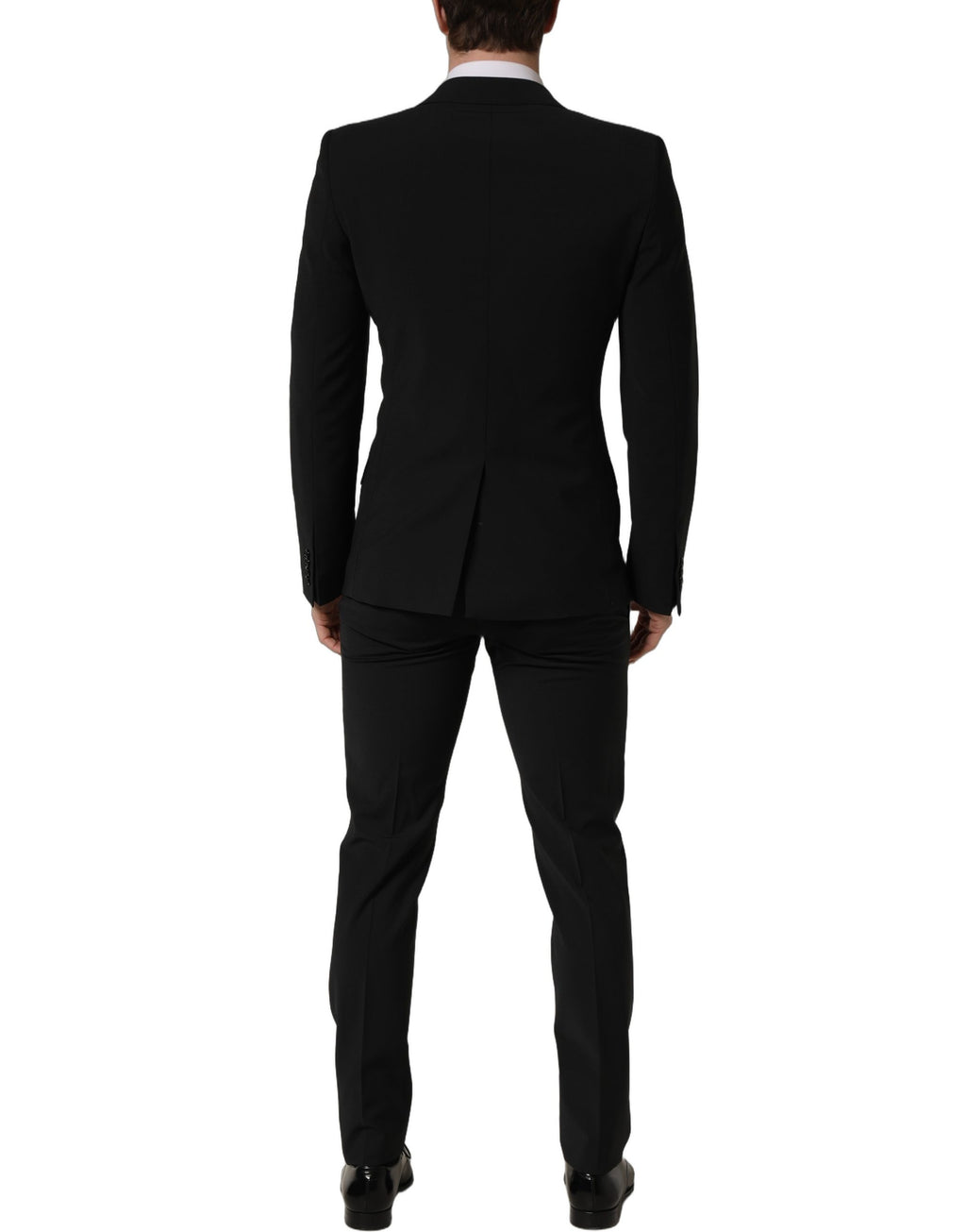 Costume homme deux pièces noir en laine Dolce & Gabbana, coupe slim formelle, veste et pantalon élégants.