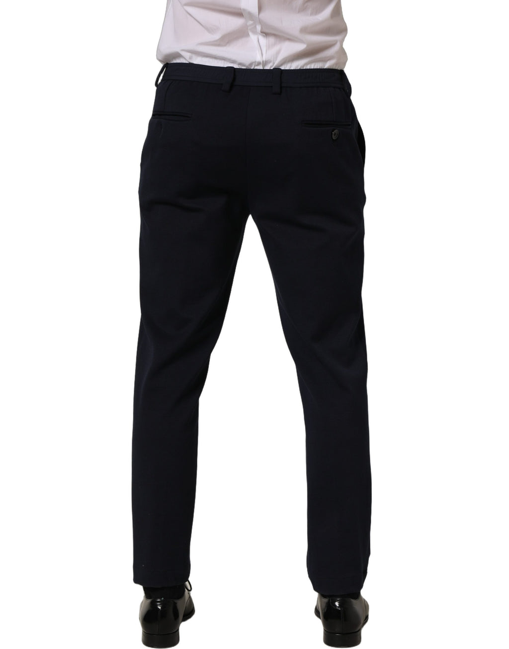 Pantalon noir en coton Dolce & Gabbana, coupe tapered, pantalon habillé pour femme, détail de la couture et de la taille.