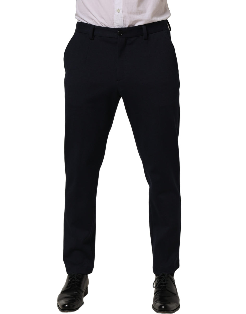 Pantalon noir en coton Dolce & Gabbana, coupe tapered, pantalon de robe élégants, vue de face sur un mannequin.