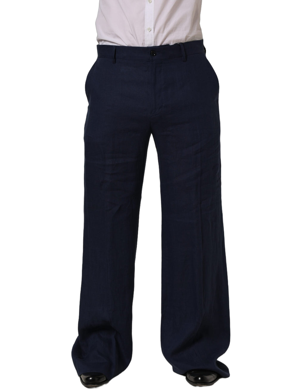 Pantalon homme Dolce & Gabbana en lin bleu, pantalon droit élégant pour homme, vue de face.