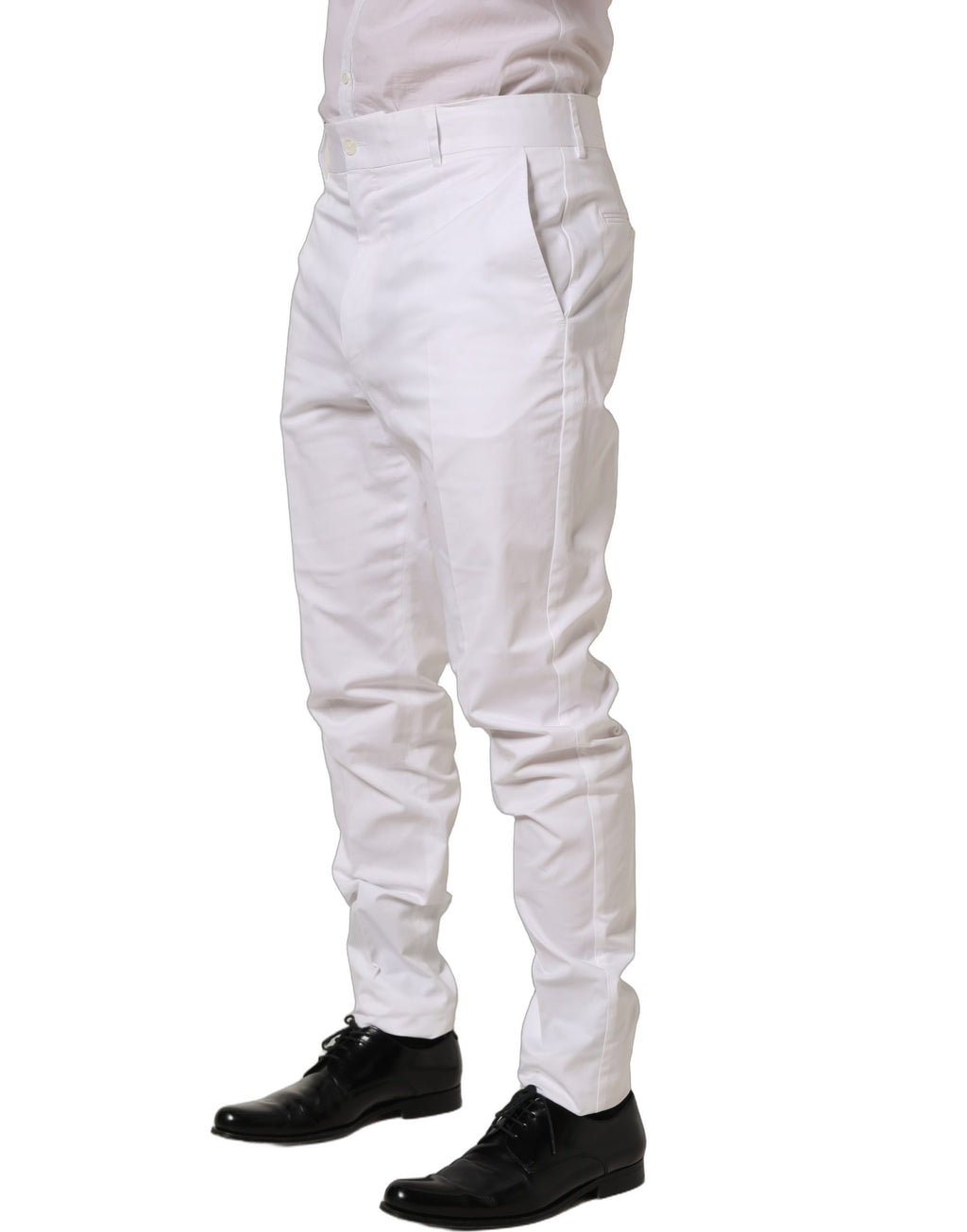 Pantalon habillé blanc en coton Dolce & Gabbana, coupe tapered, style élégant et moderne, visible sur fond neutre.