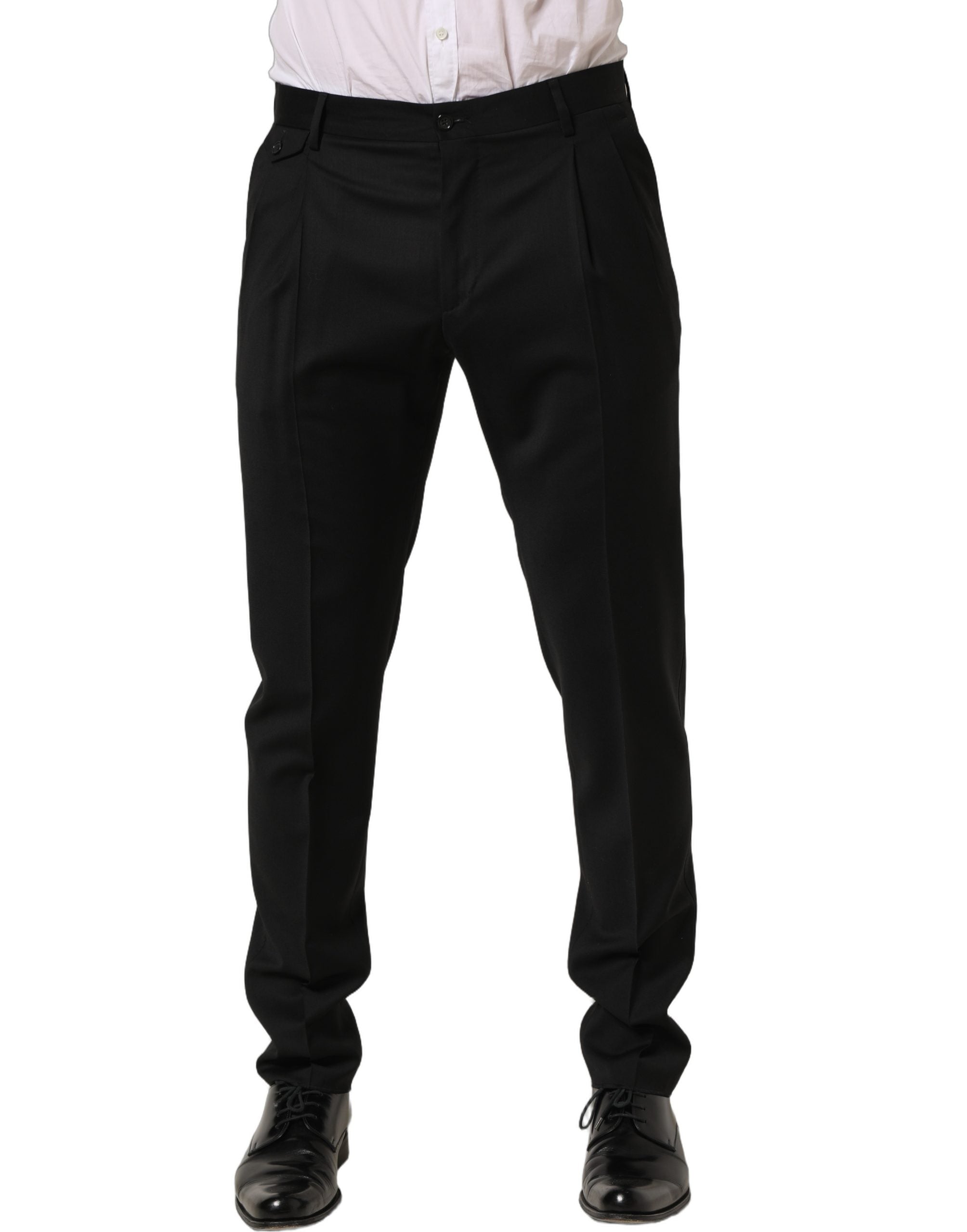 Pantalon homme en laine noire de coupe tapered, de la marque Dolce & Gabbana, pantalon de costume élégant et moderne.