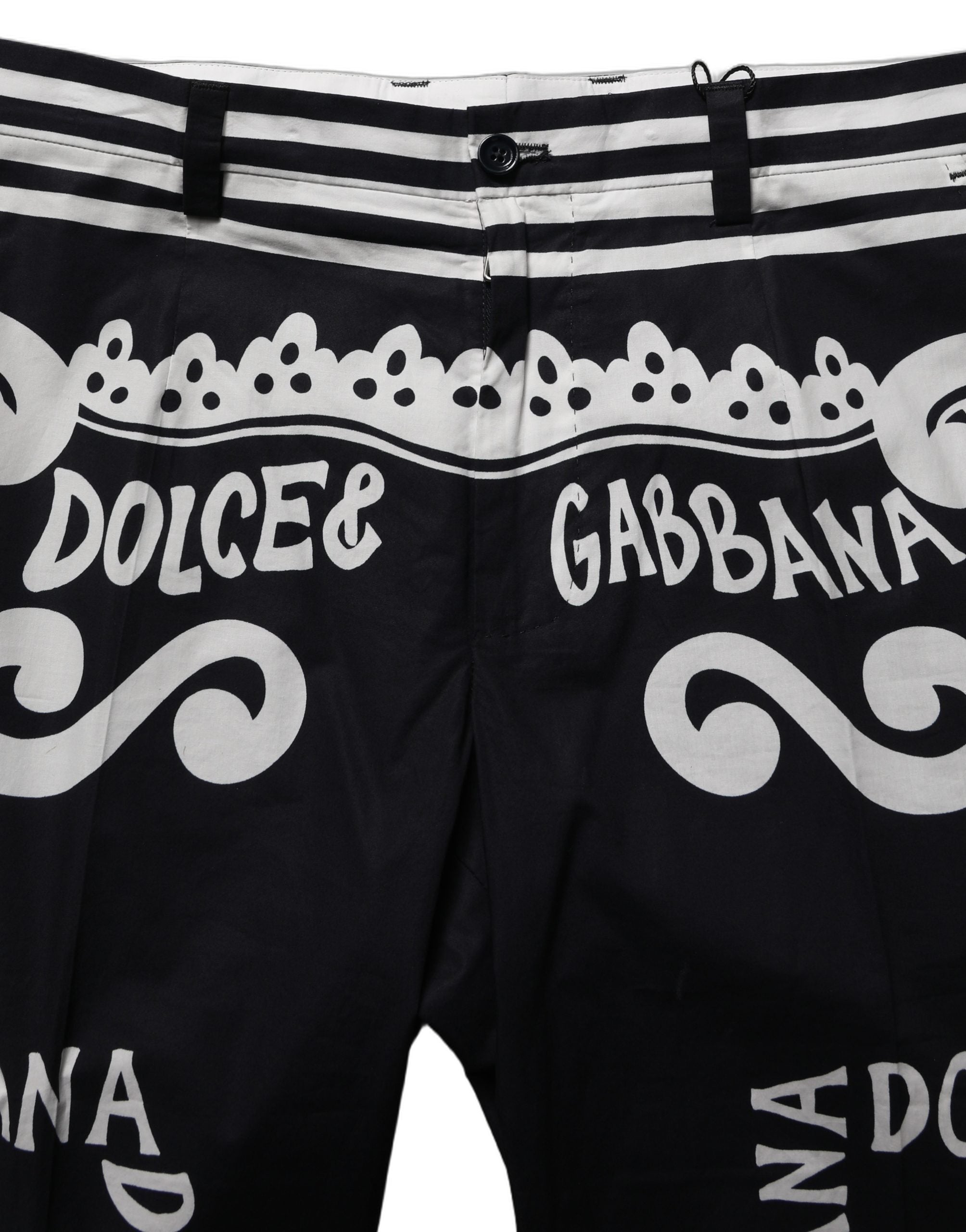 Pantalon Dolce & Gabbana en coton noir avec imprimé MarinaPrint, pantalon en popeline de coton élégant et confortable.