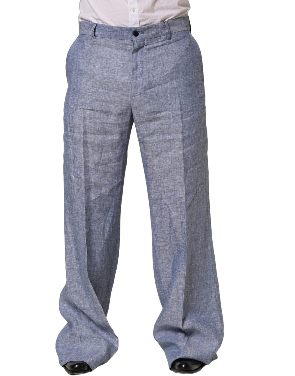 Pantalon en lin droit Light Blue de Dolce & Gabbana, pantalon élégant pour femme, vue de face sur un fond neutre.