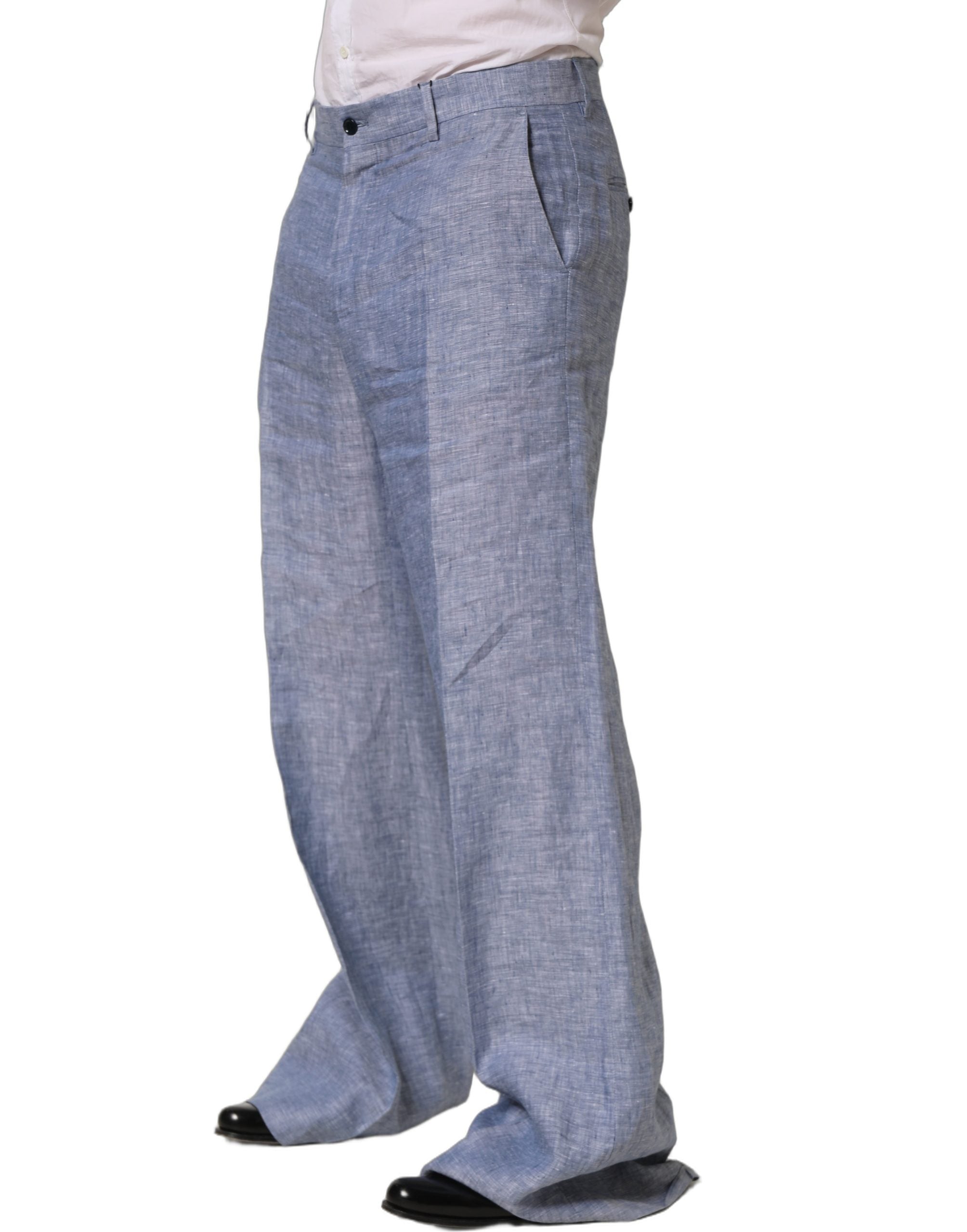 Pantalon droit en lin Light Blue de Dolce & Gabbana, pantalon élégant pour femme, vue de face.