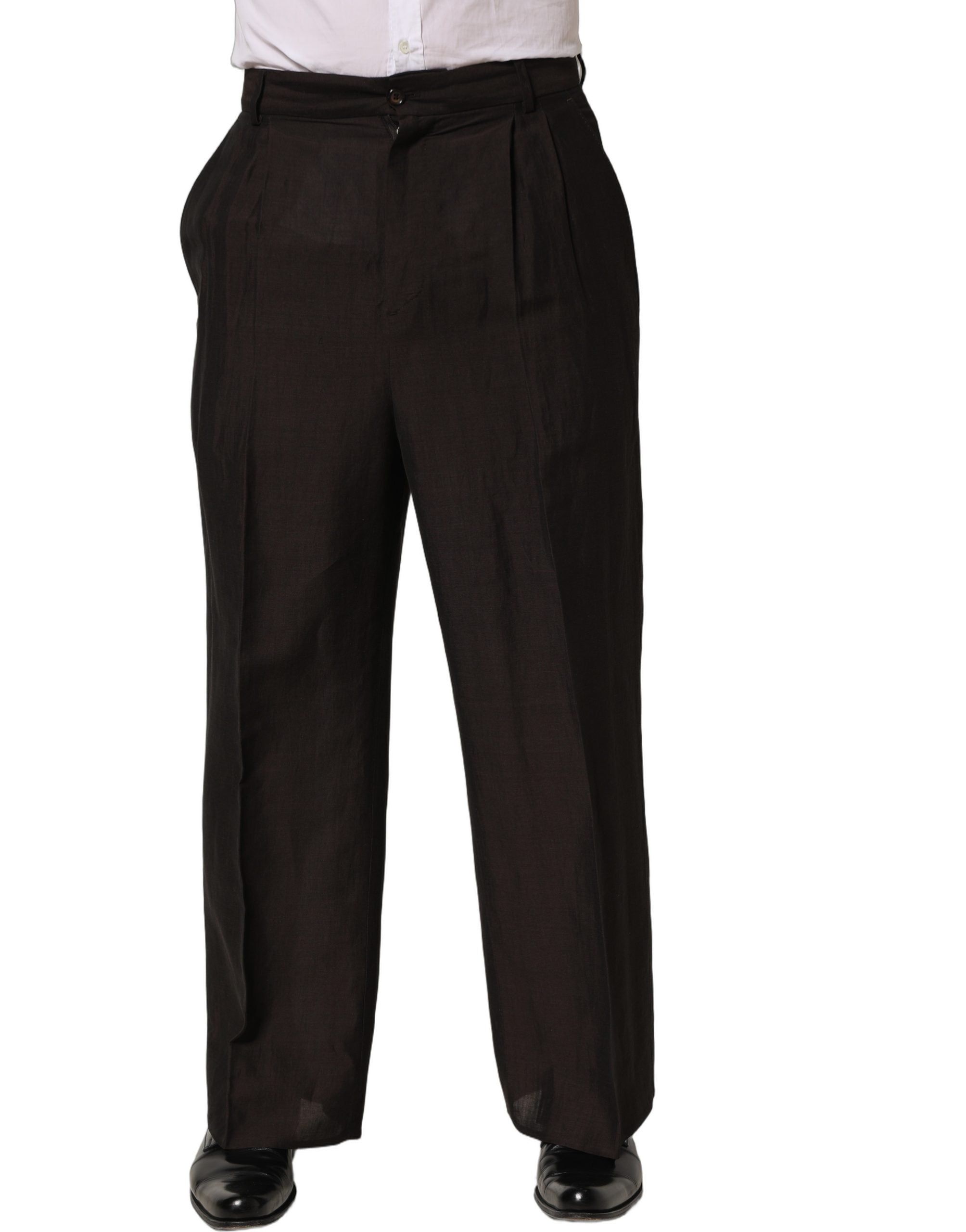 Pantalon homme Dolce & Gabbana en lin marron, coupe droite, pantalon habillé élégant pour homme.