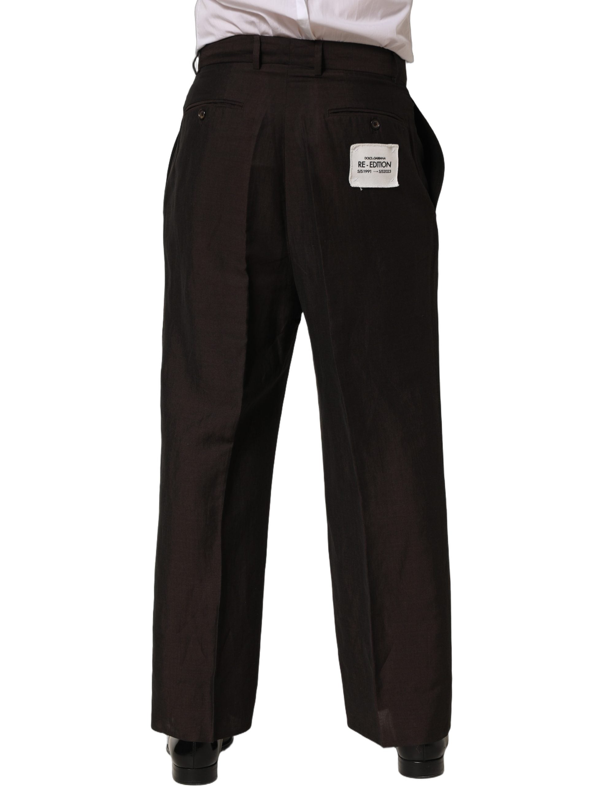 Pantalon homme Dolce & Gabbana en lin marron, coupe droite pour costume ou tenue élégante.