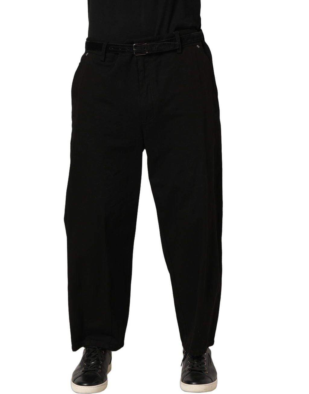 Pantalon homme noir Dolce & Gabbana, taille moyenne, coupe droite, pantalon en tissu élégant, vue de face.