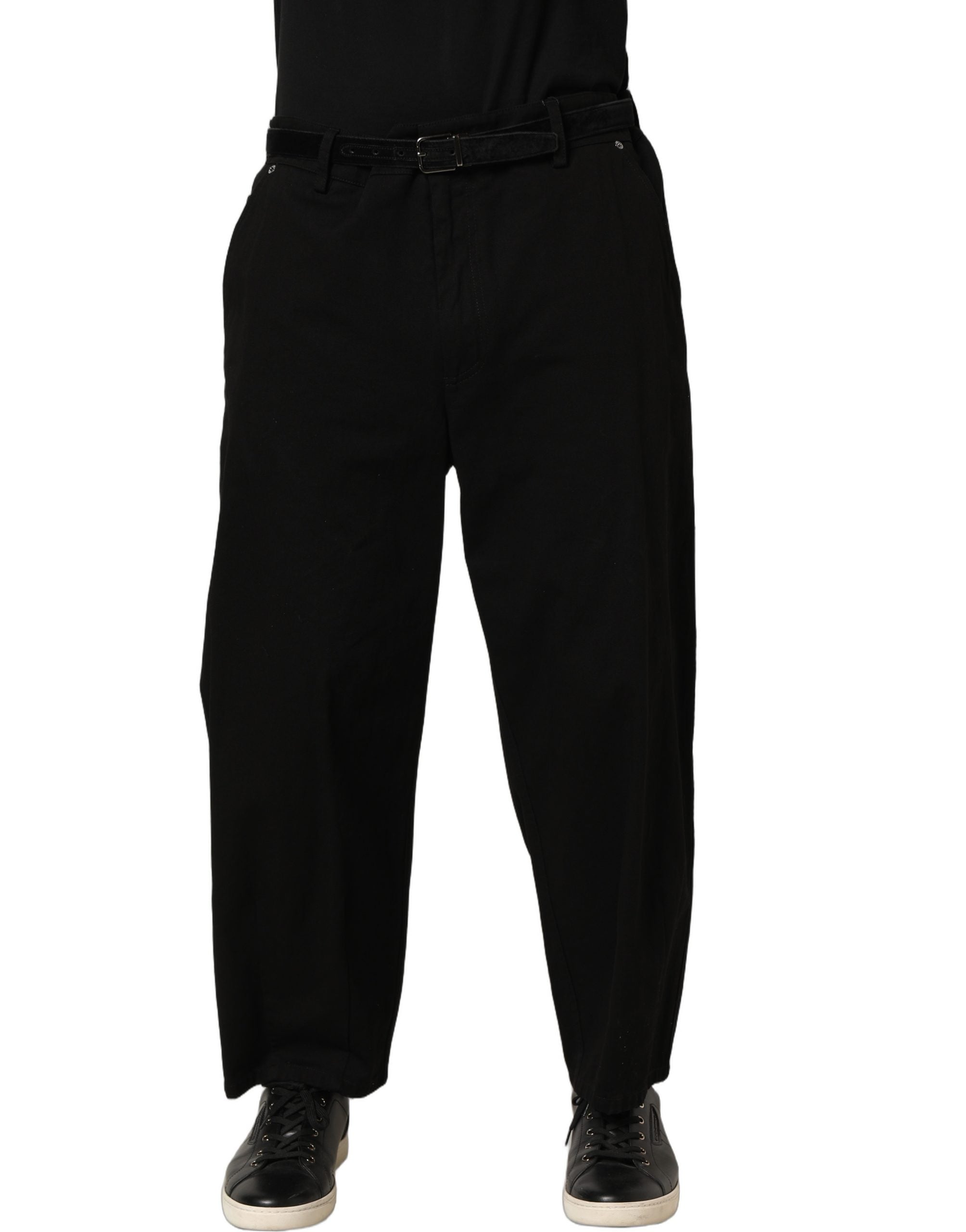 Pantalon homme noir Dolce & Gabbana, taille moyenne, coupe droite, pantalon en tissu élégant, vue de face.