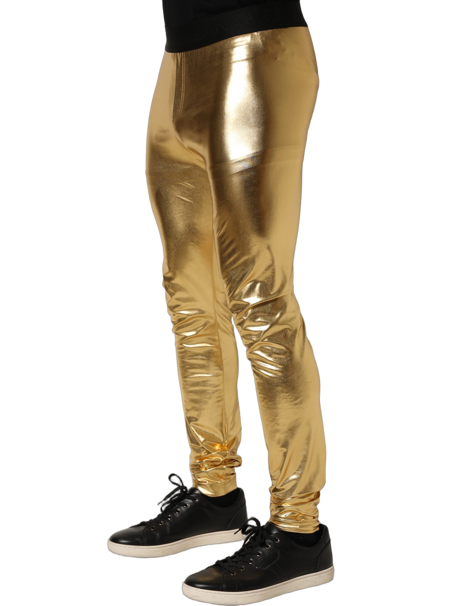 Pantalon skinny en polyester métallisé doré de Dolce & Gabbana, pantalon élégant et brillant pour femme.