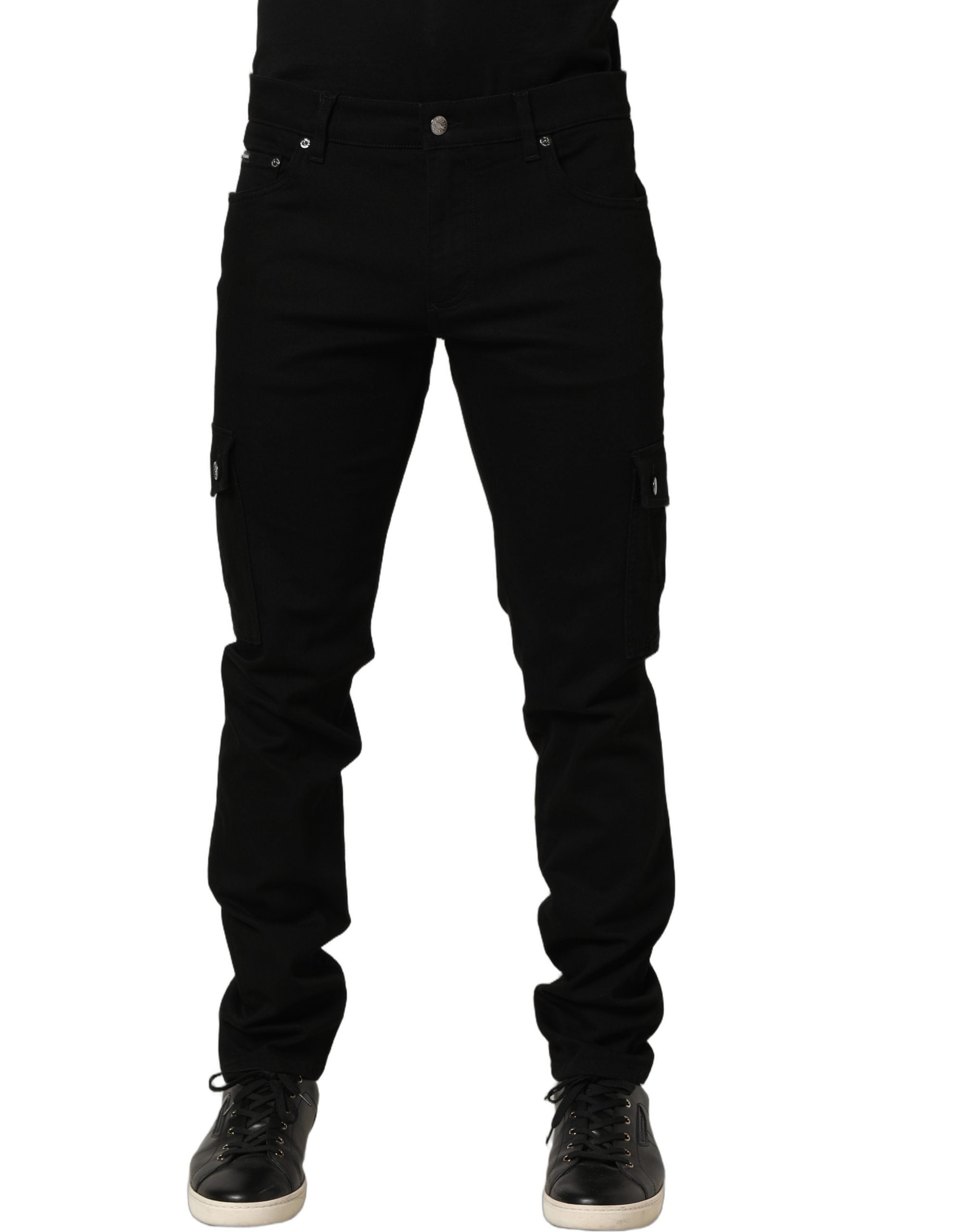 Jeans hommes Dolce & Gabbana en coton noir extensible, coupe skinny, denim léger et ajusté.
