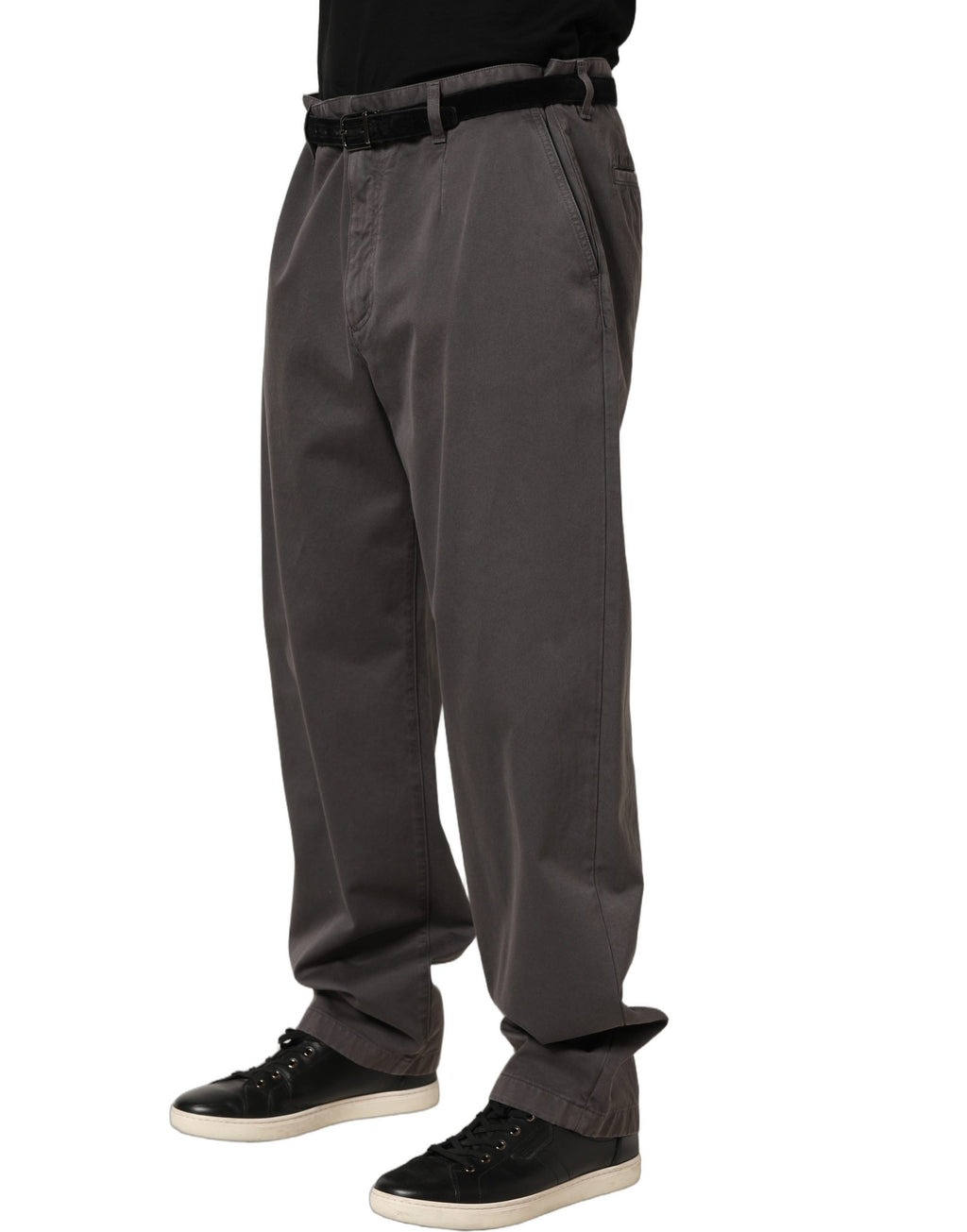 Pantalon homme Dolce & Gabbana gris foncé à taille moyenne et coupe droite, style classique et élégant.