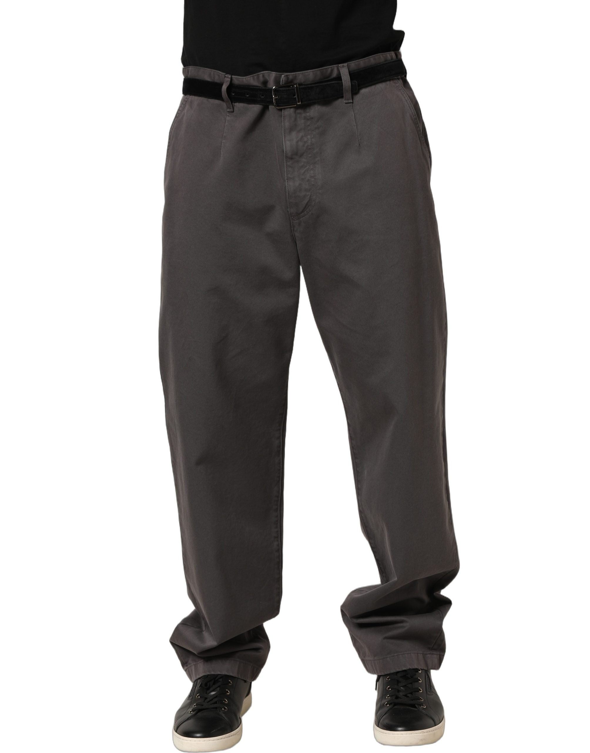 Pantalon homme Dolce & Gabbana gris foncé, taille mi-haute, coupe droite, en tissu élégant, vue de face.