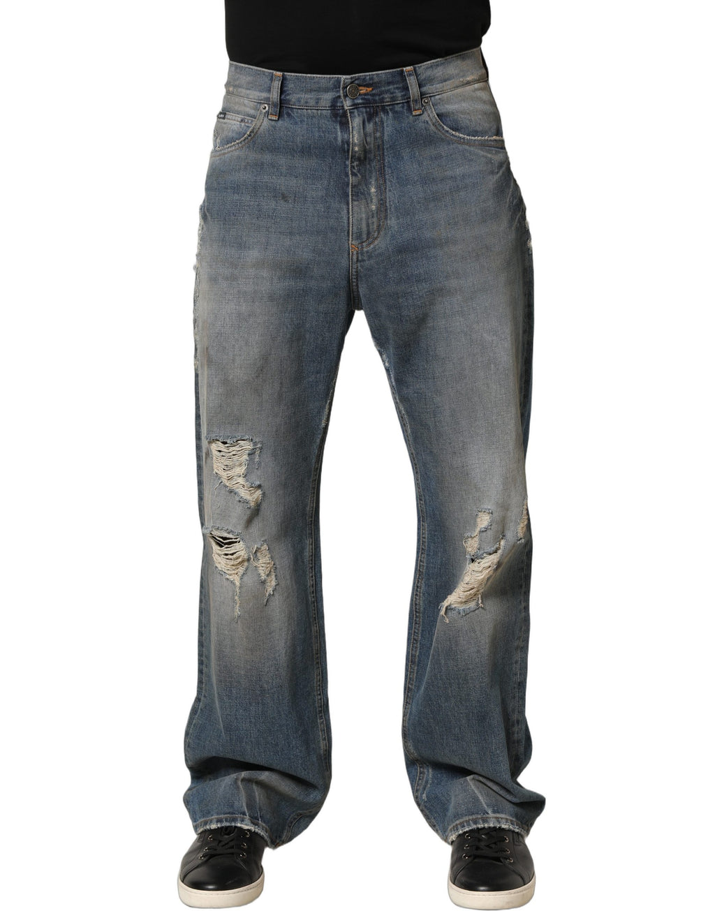 Jeans en denim blanc Dolce & Gabbana, coupe droite, délavé avec détails usés, en coton, style décontracté et tendance.