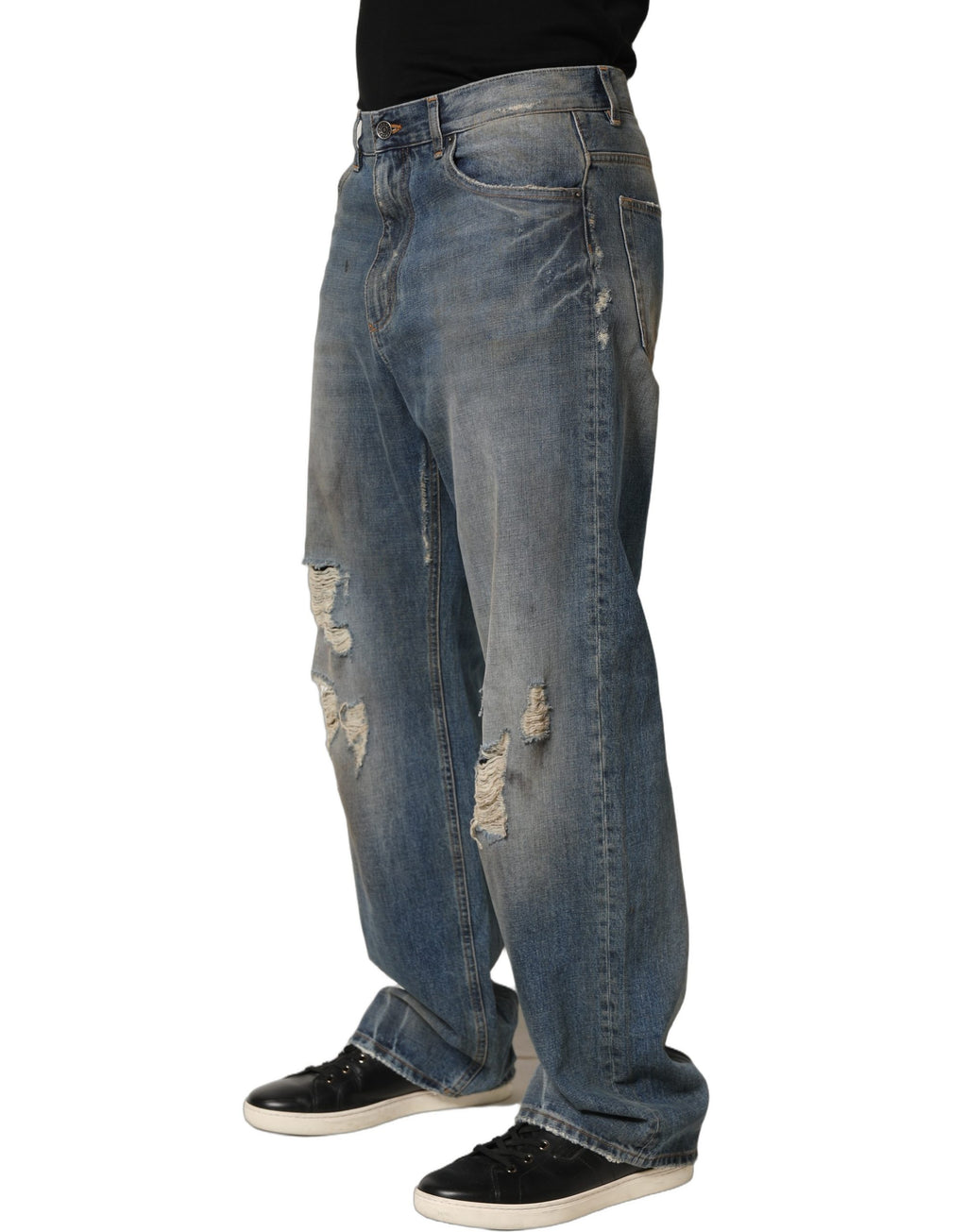 Jeans en denim blanc cassé Dolce & Gabbana, coupe droite, en coton avec déchirures décontractées.
