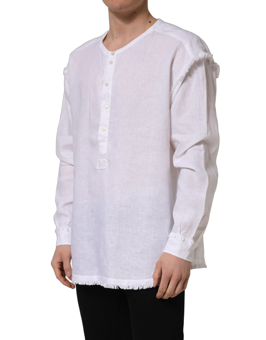 Chemise décontractée en lin blanc Dolce & Gabbana avec logo, manches longues et style élégant.