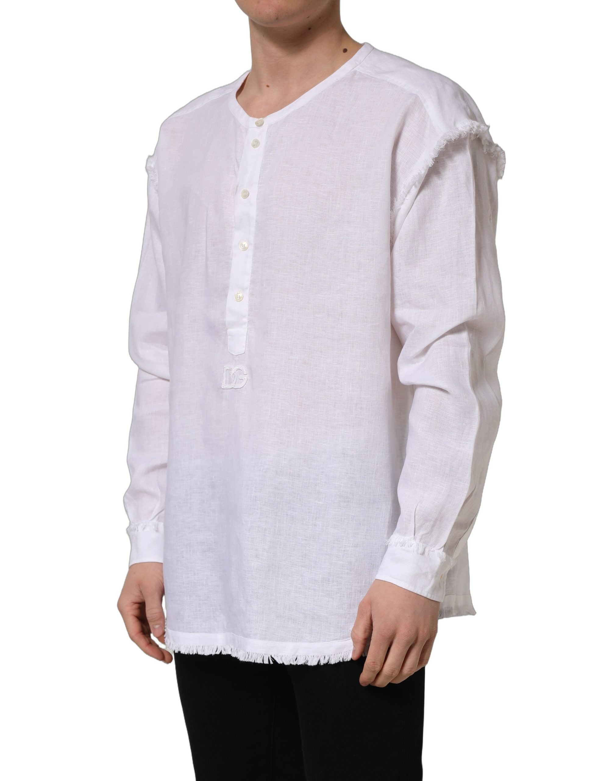 Chemise décontractée en lin blanc Dolce & Gabbana avec logo, manches longues et style élégant.
