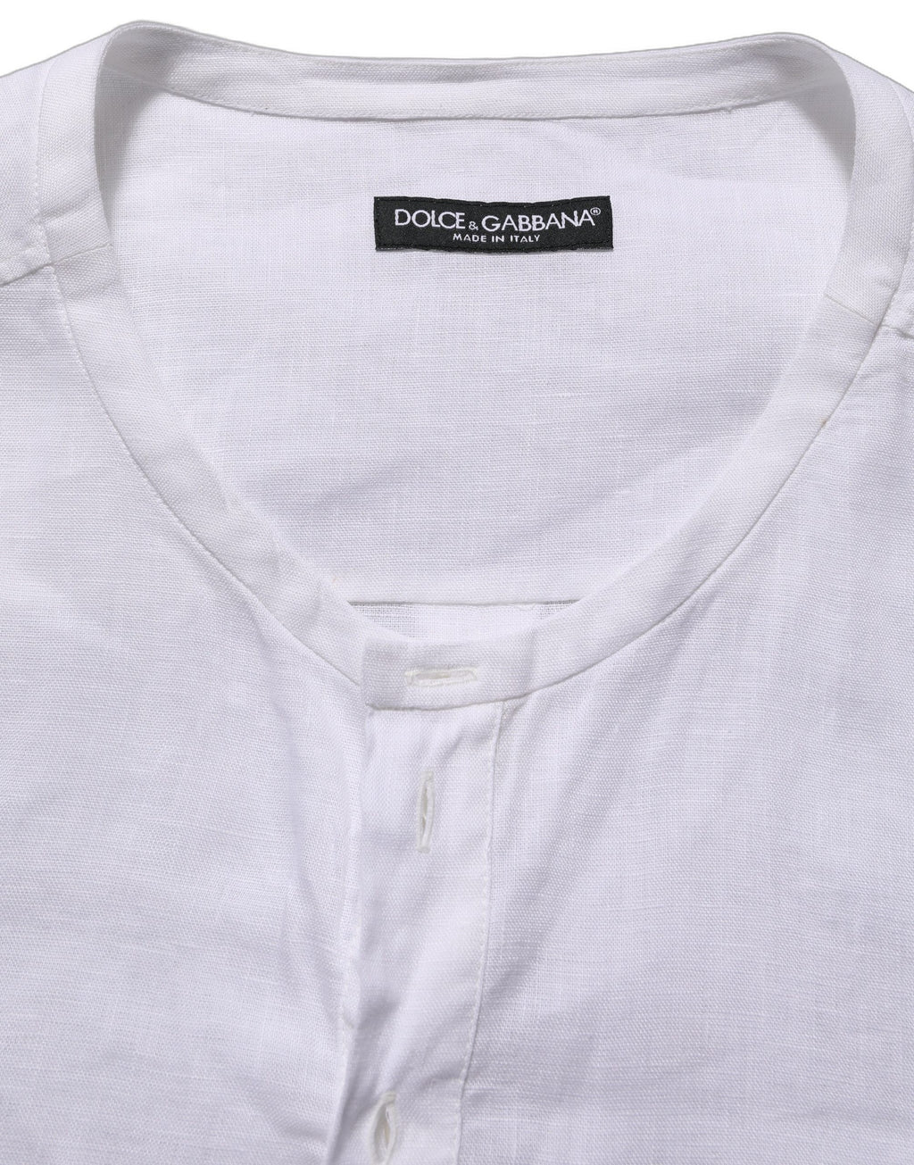 Chemise décontractée en lin blanc Dolce & Gabbana avec logo, manches longues, style casual, vue en gros plan.