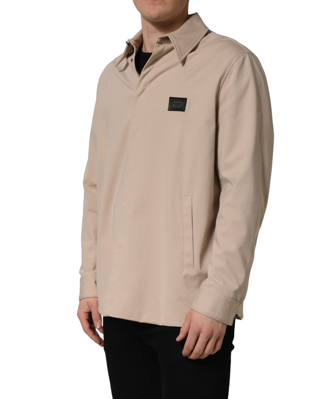 Chemise overshirt beige Dolce & Gabbana en coton pour homme, logo imprimé, style décontracté et élégant.