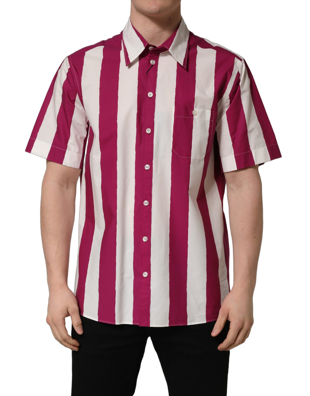 Chemise homme Dolce & Gabbana à rayures blanches et marron à manches courtes, élégante et décontractée.