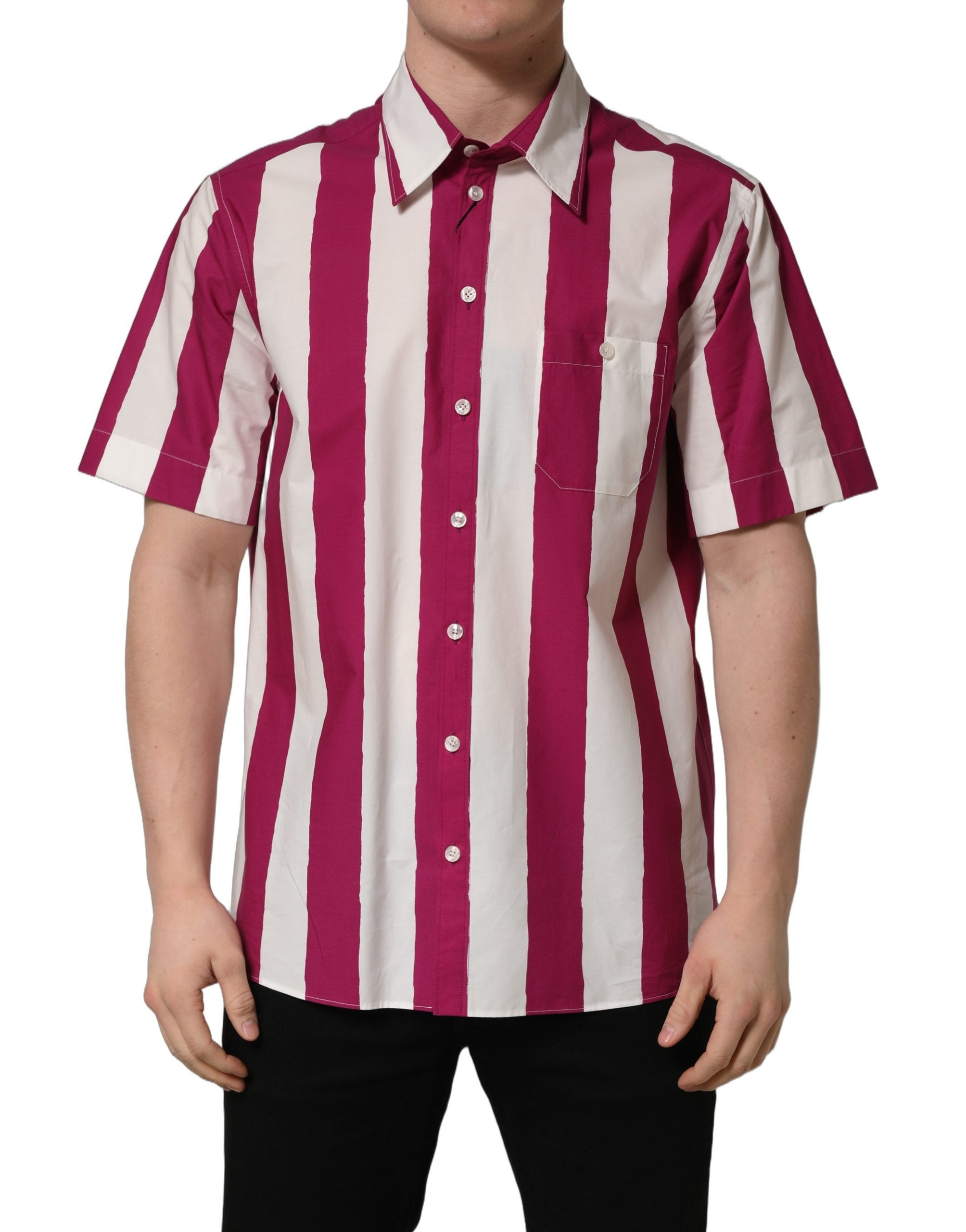 Chemise pour homme Dolce & Gabbana à rayures blanches et marron à manches courtes, vue de face.