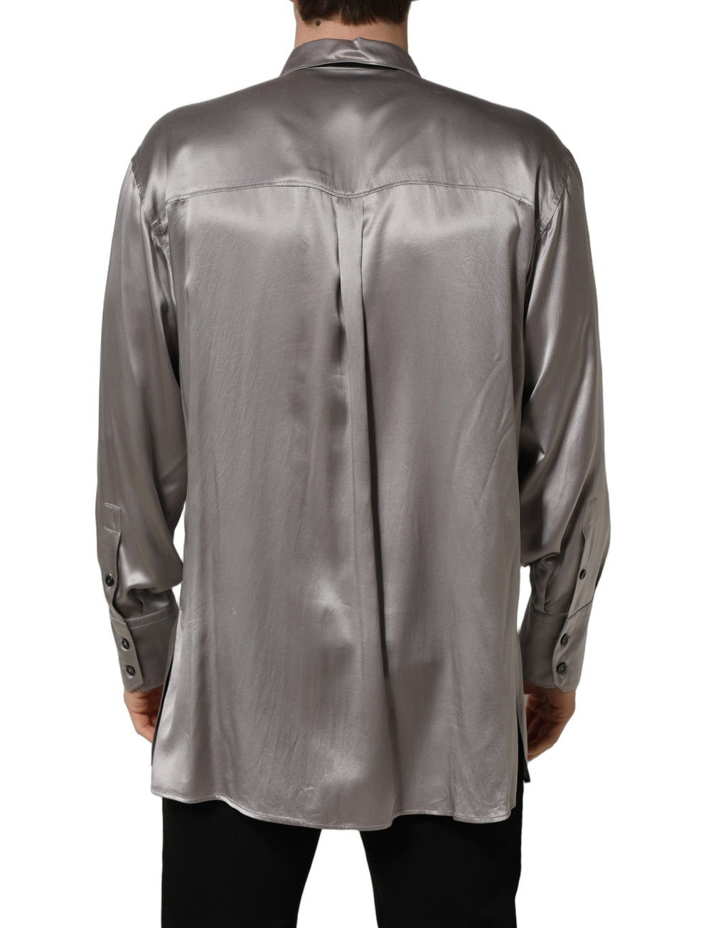 Chemise de soirée en satin gris métallique Dolce & Gabbana, élégante et sophistiquée, avec détails en soie.