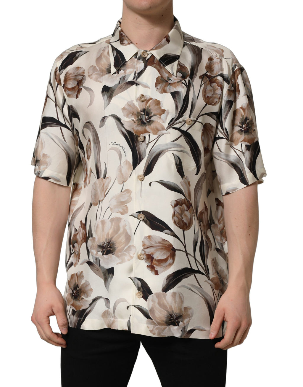 Chemise courte en soie beige à imprimé tulipe Dolce & Gabbana, manches courtes et style élégant.