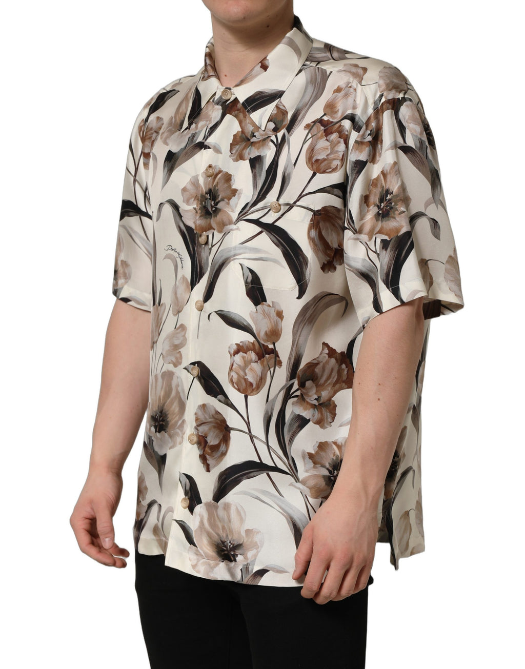 Chemise en soie beige à imprimé tulipe de Dolce & Gabbana avec manches courtes, élégante et légère.