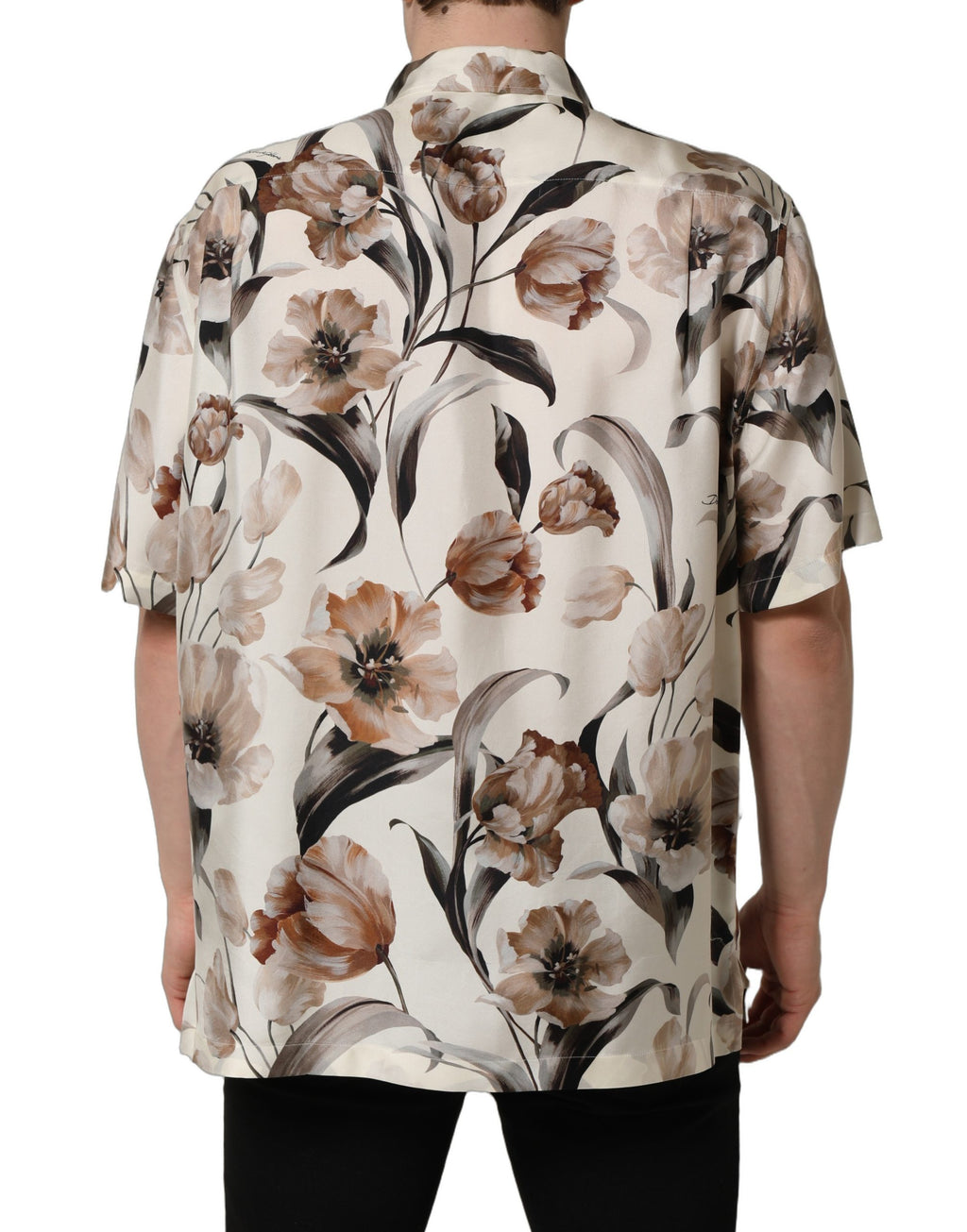 Chemise en soie beige à imprimé tulipe Dolce & Gabbana, manches courtes, élégante et légère, pour un style sophistiqué.