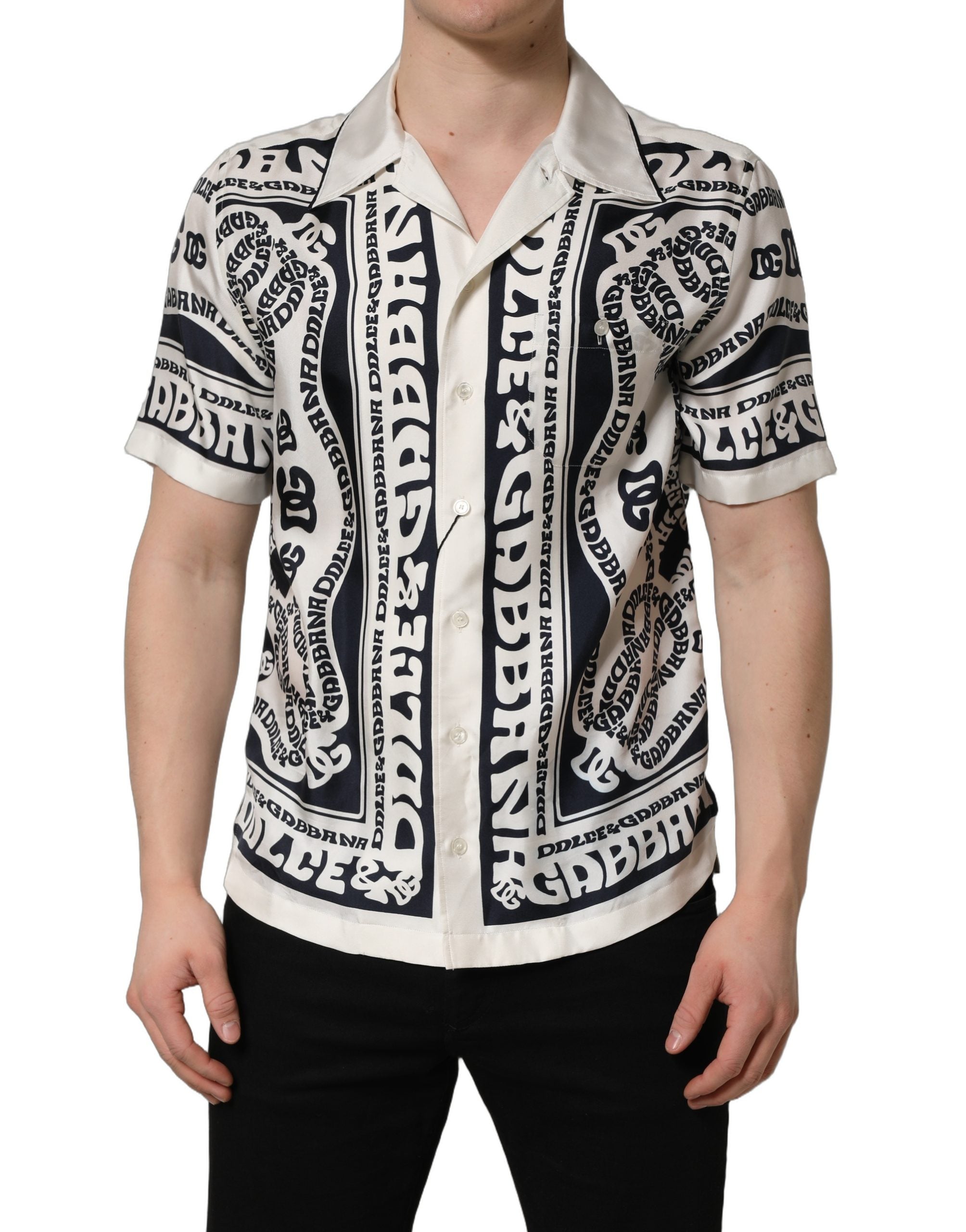 Chemise à manches courtes Dolce & Gabbana, logo noir et blanc avec bande imprimée, style élégant et moderne.