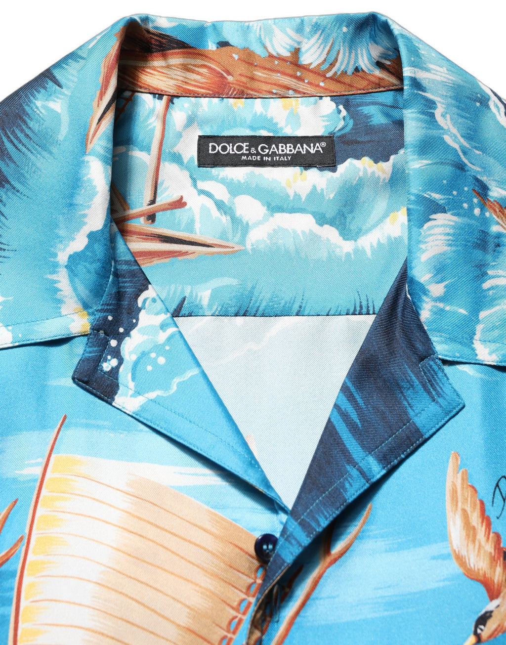Chemise Dolce & Gabbana en soie bleue à motif hawaïen et graphique, en twill élégant.