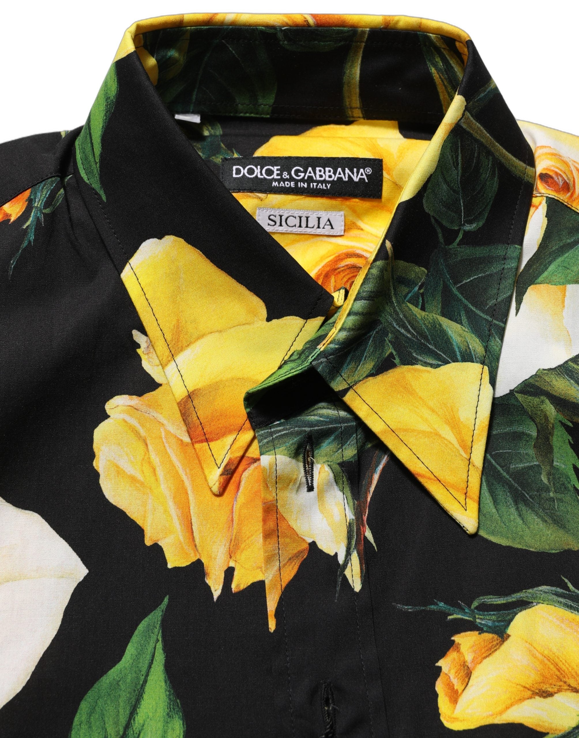 Chemise homme Dolce & Gabbana SICILIA en coton stretch noir avec motifs floraux, ajustée, élégante et confortable.