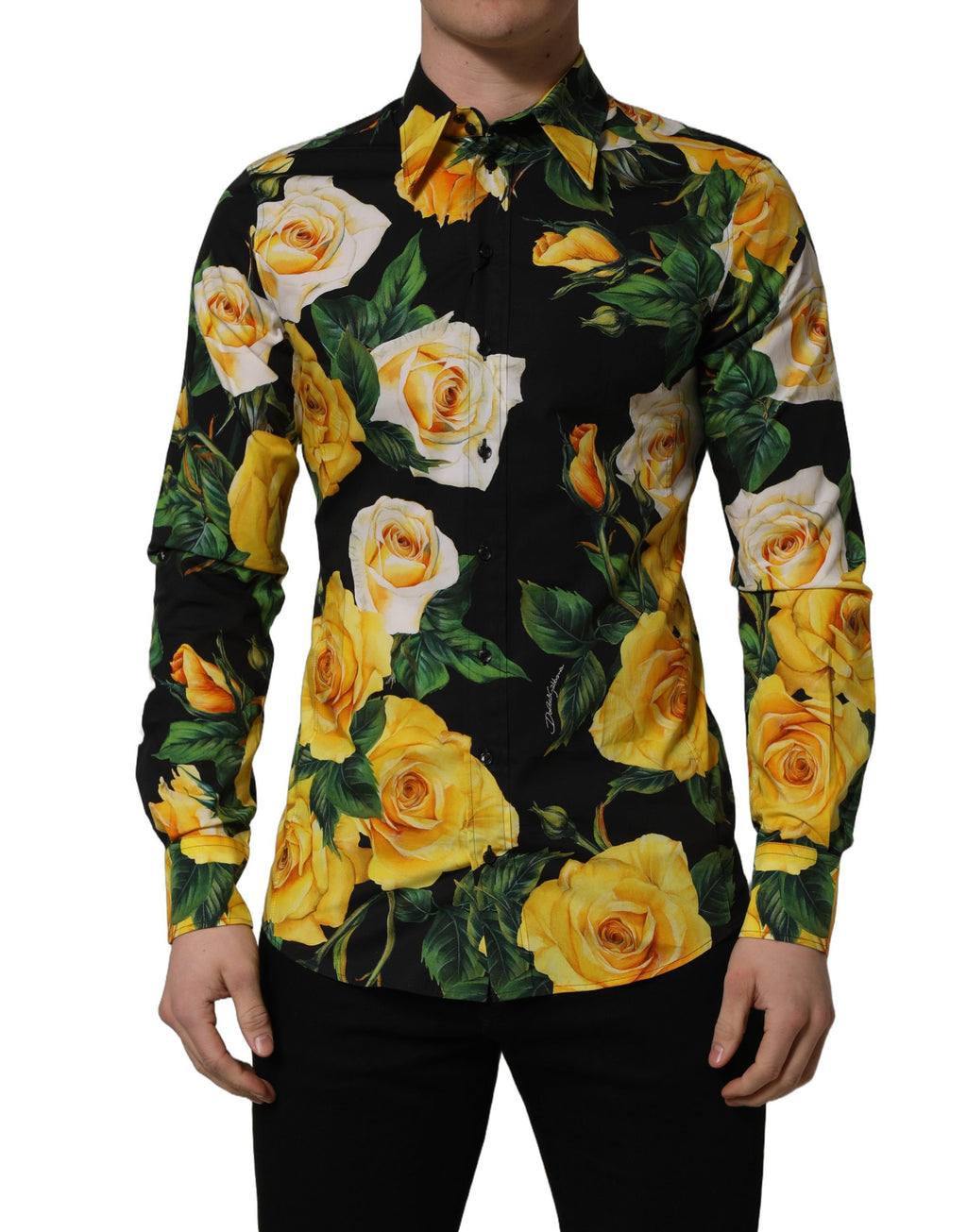 Chemise homme Dolce & Gabbana Sicilia noire à fleurs en coton stretch, coupe ajustée, détail floral élégant.