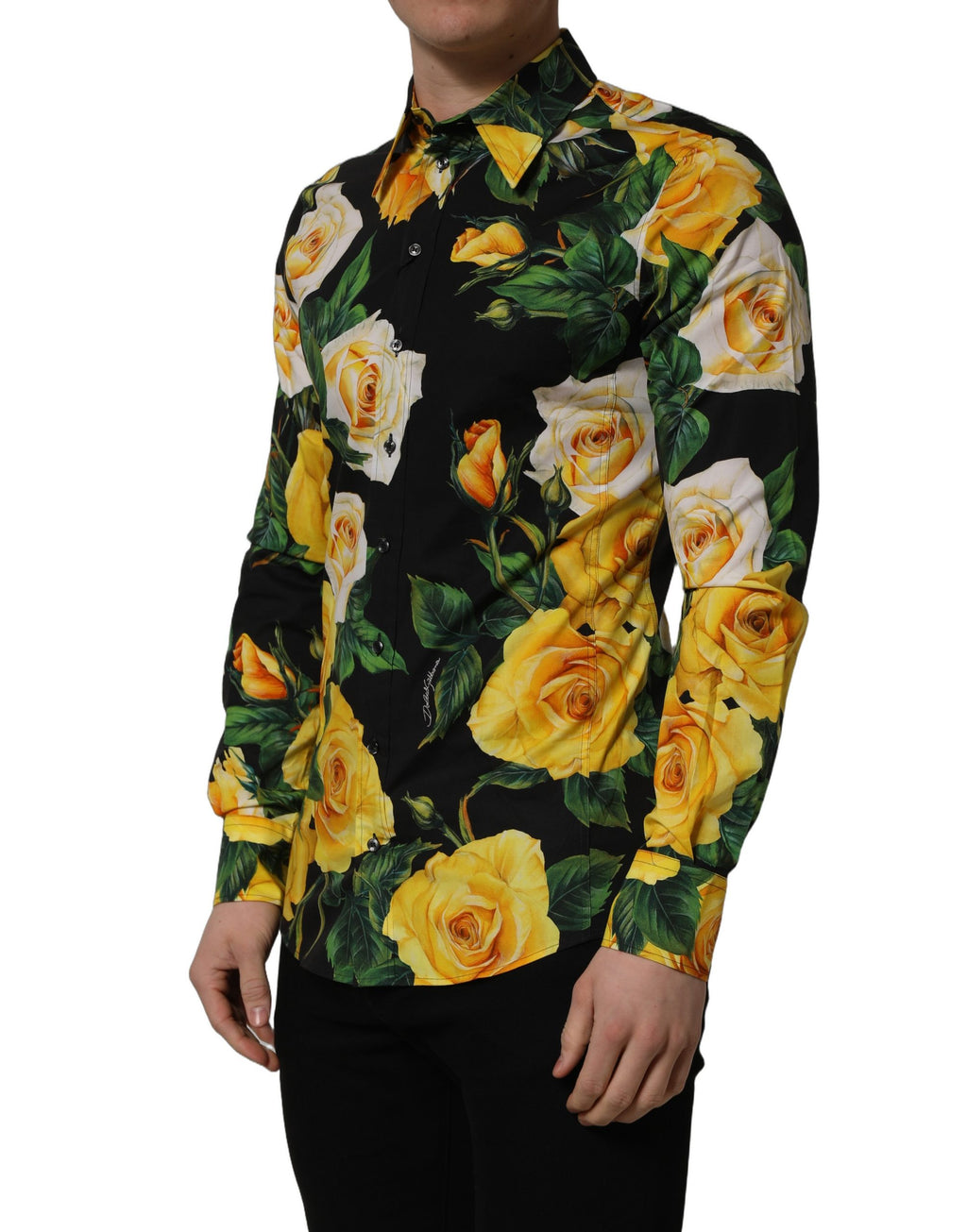 Chemise Dolce & Gabbana noire à fleurs en coton stretch Sicilia, coupe ajustée, détail floral sophistiqué.