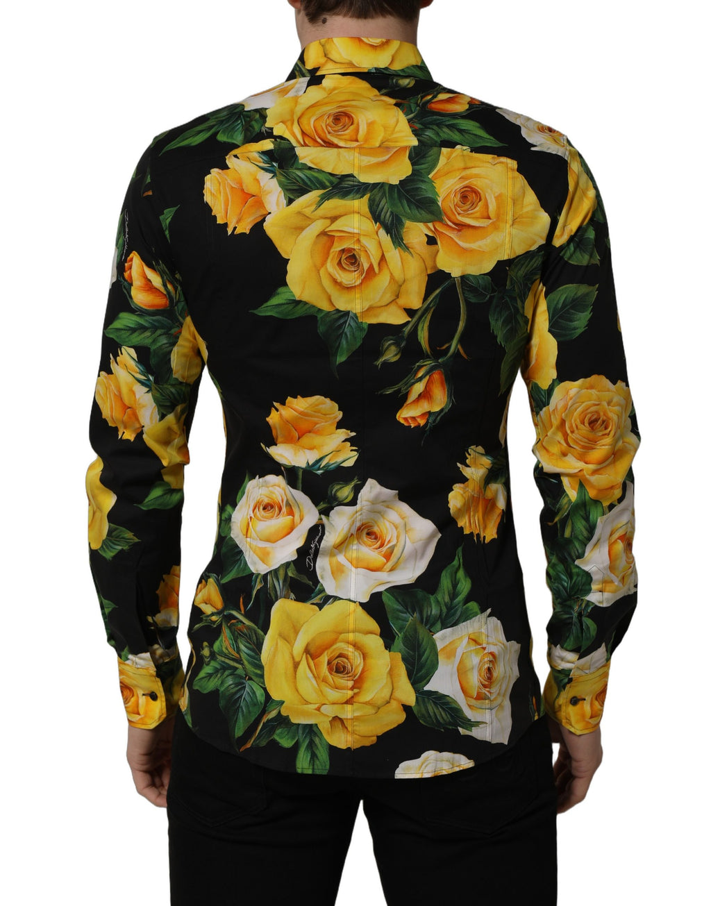Chemise Dolce & Gabbana noire à fleurs, en coton stretch, coupe Sicilia, élégante chemise pour homme.