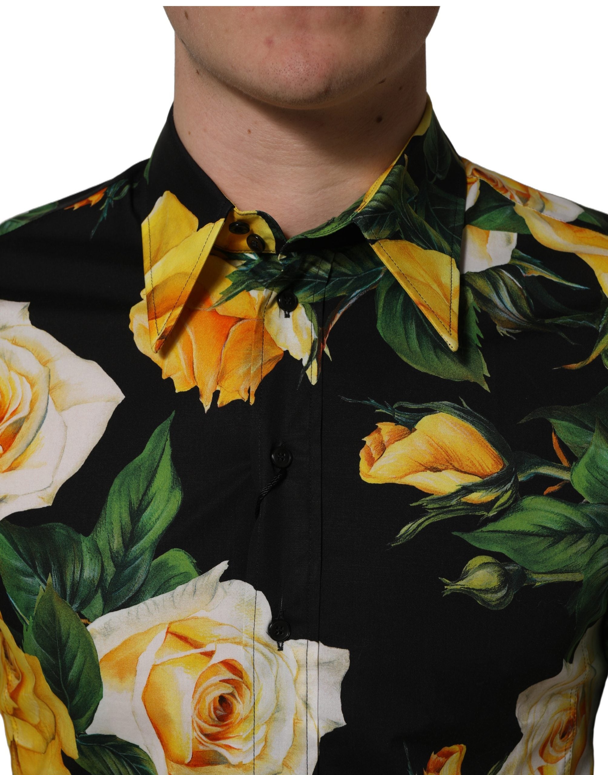 Chemise Dolce & Gabbana noire à fleurs en coton stretch Sicilia, ajustée, avec col classique et manches longues.