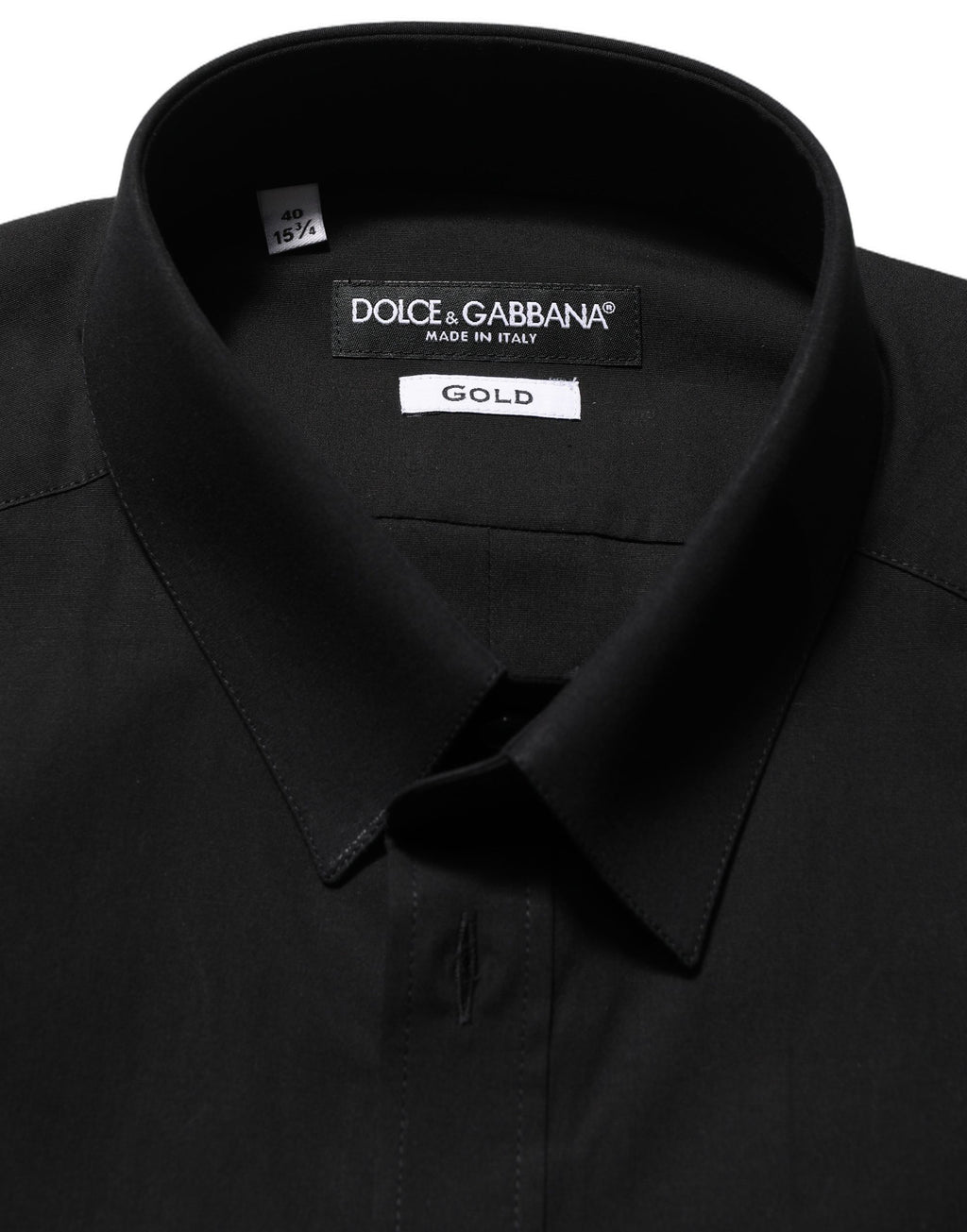 Chemise Dolce & Gabbana en coton stretch noir avec finition or, ajustée et élégante, vue de face.