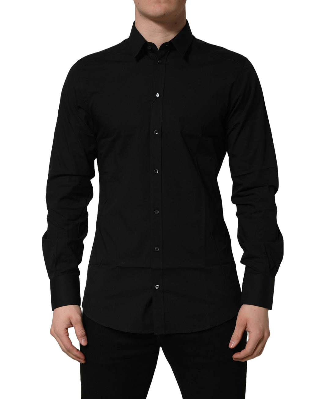Chemise Dolce & Gabbana en coton stretch noir avec détails dorés, coupe ajustée, vue de face.