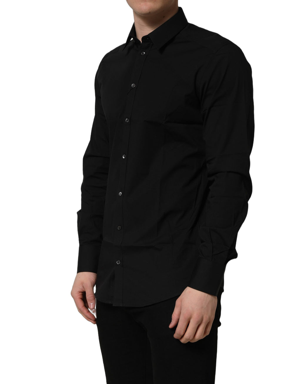 Chemise noire en coton stretch Dolce & Gabbana avec détails dorés, ajustée et élégante, pour un style sophistiqué.