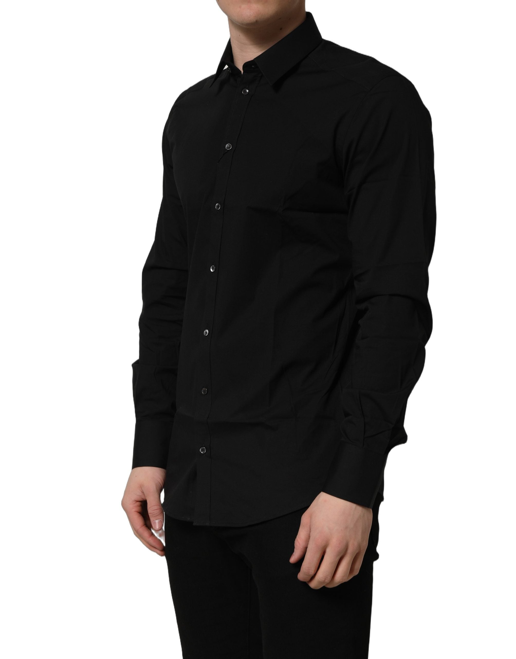 Chemise noire en coton stretch Dolce & Gabbana avec détails dorés, ajustée et élégante, pour un style sophistiqué.