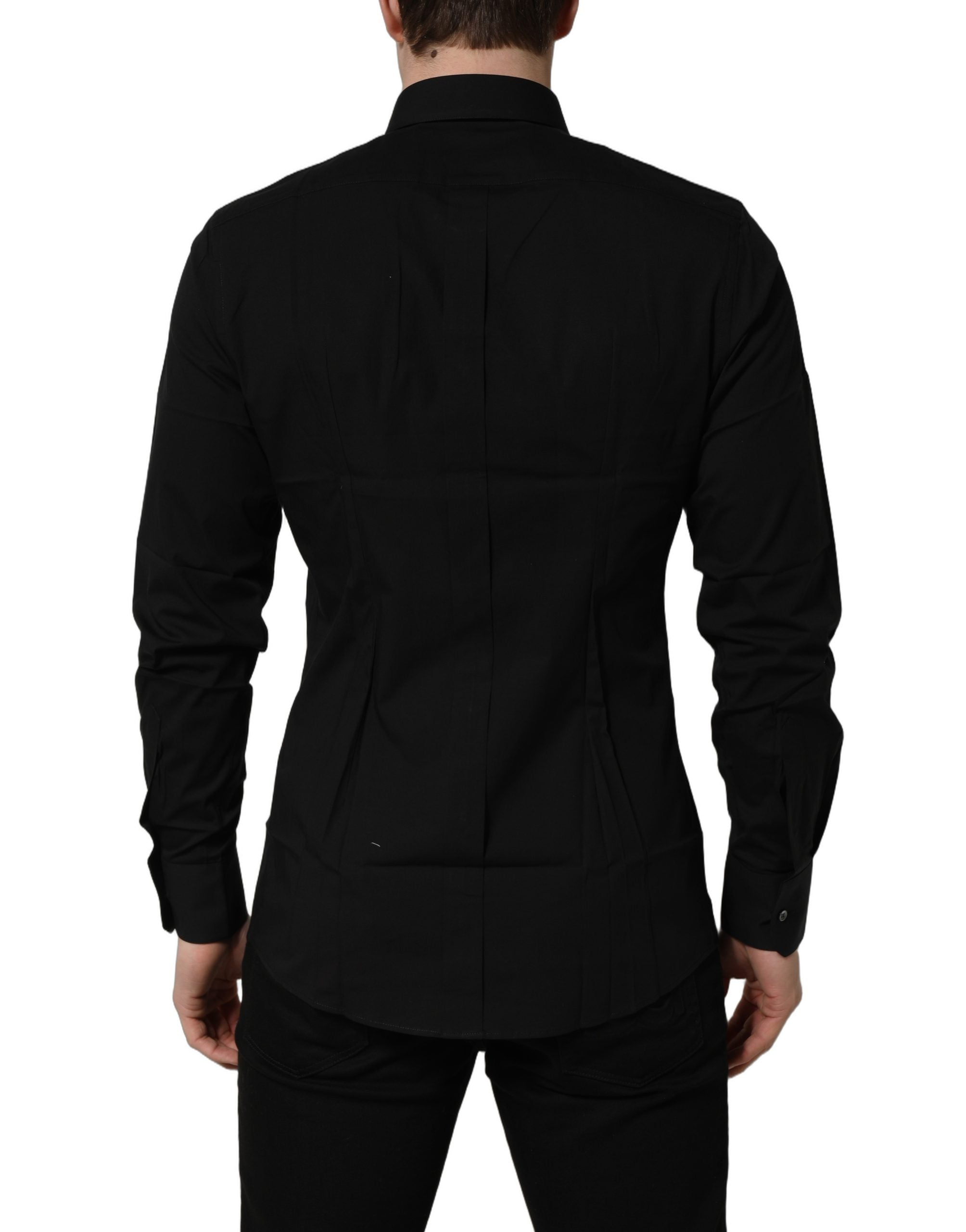 Chemise ajustée en coton noir Dolce & Gabbana avec détails dorés, style élégant et moderne pour homme.